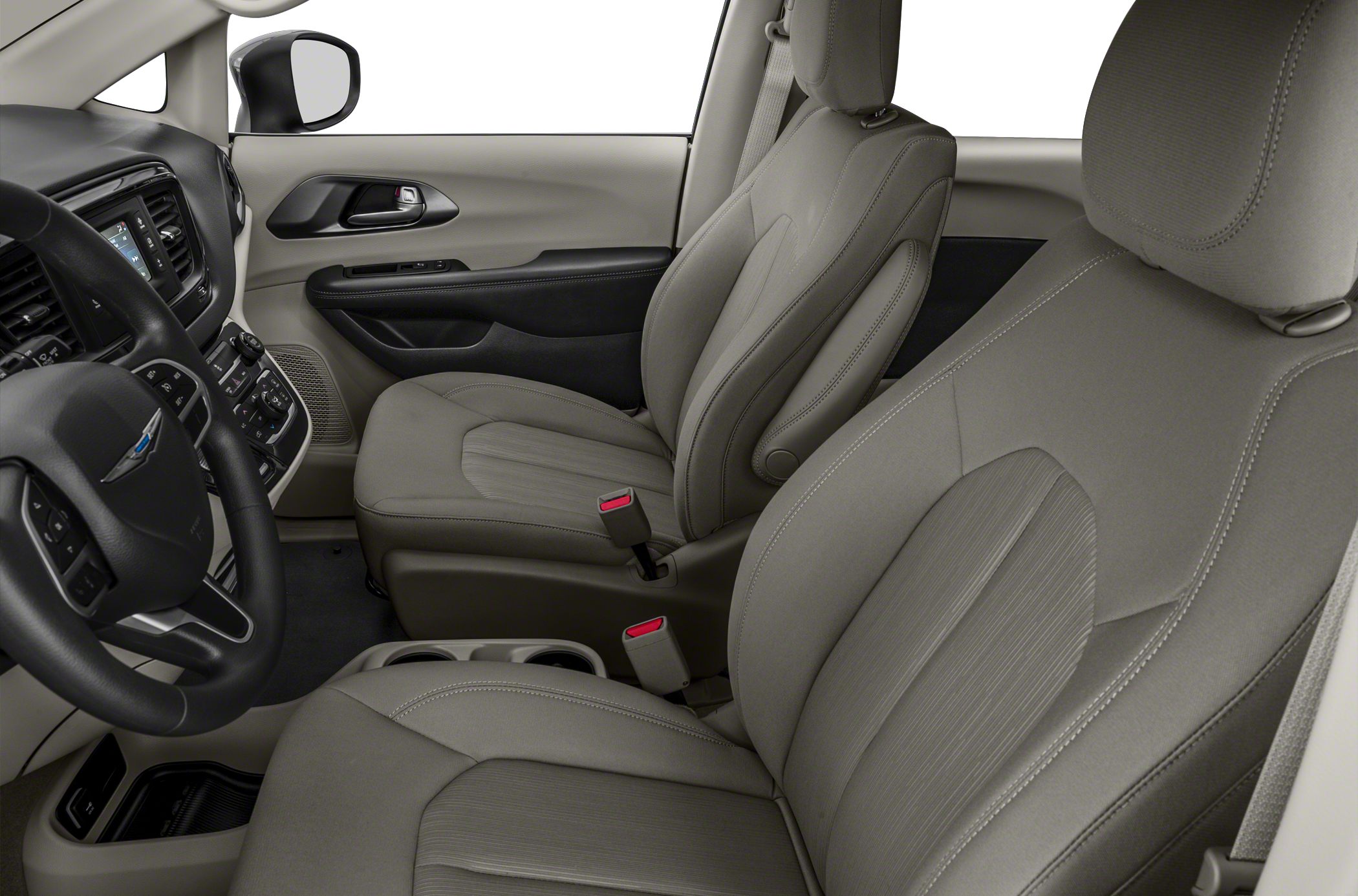 Front seats and dashboard interior with fabric upholstery