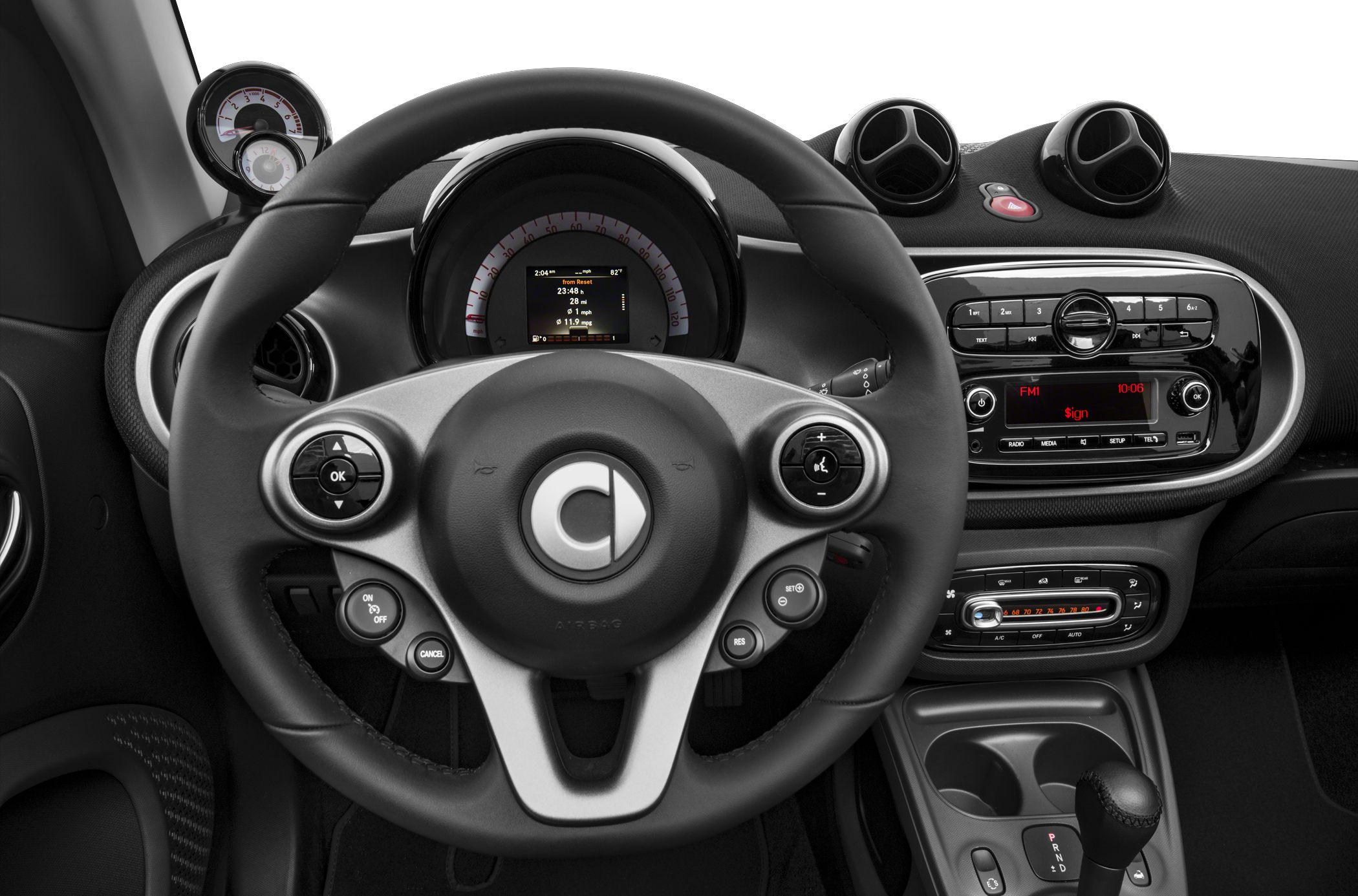 Steering wheel and dashboard with instrument cluster and controls