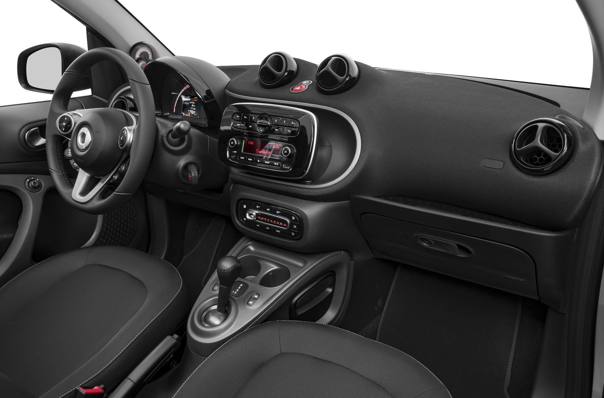 Modern car interior with dashboard, steering wheel, and gear shift