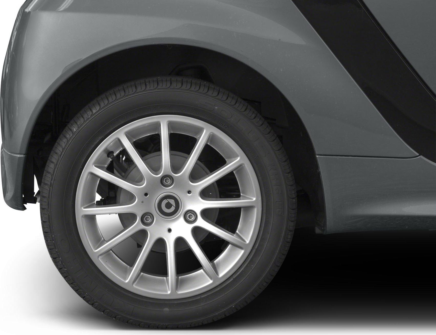 Close-up of multi-spoke alloy wheel and front wheel arch of compact city car