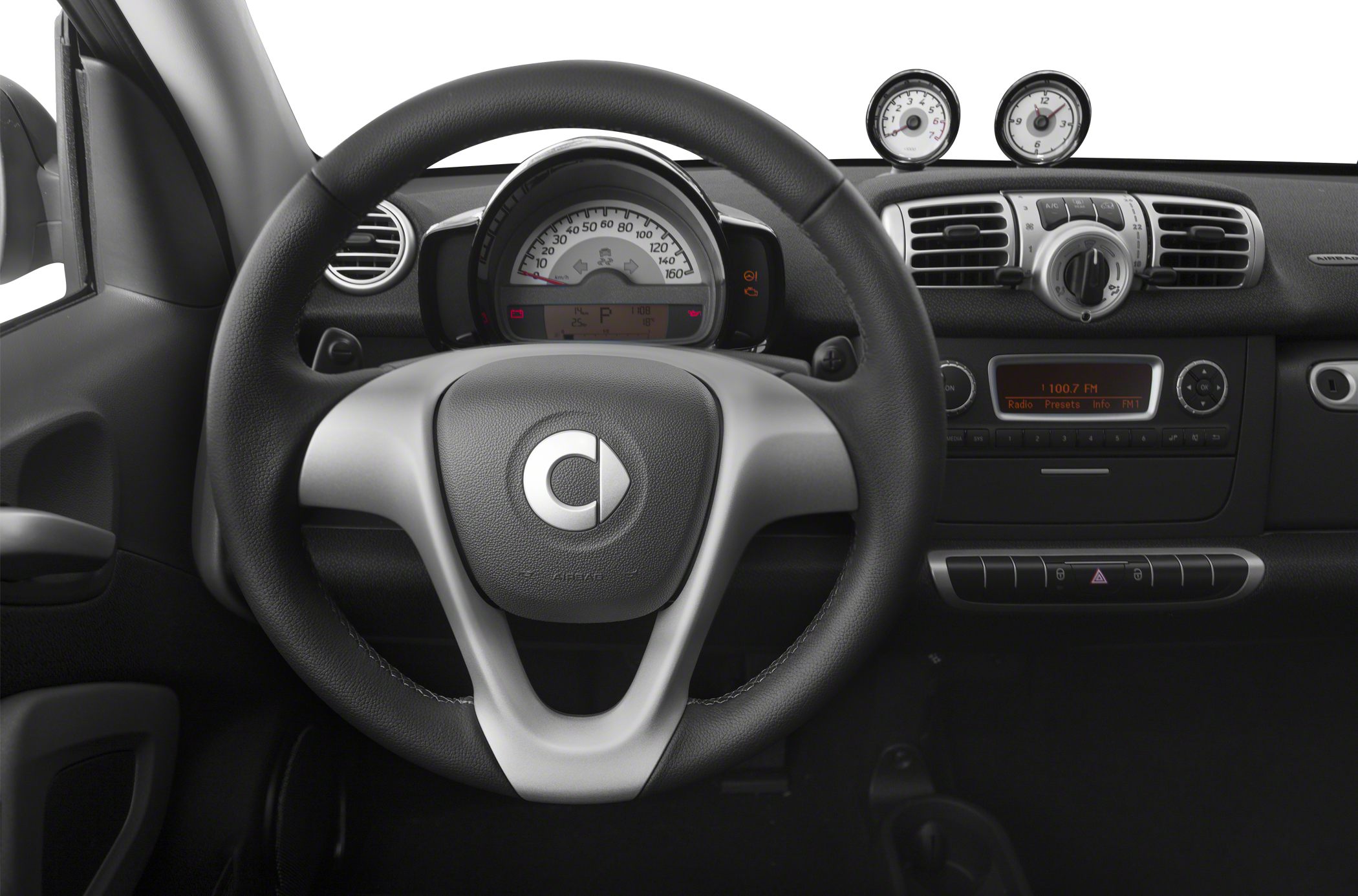 Compact dashboard with speedometer and multifunction steering wheel