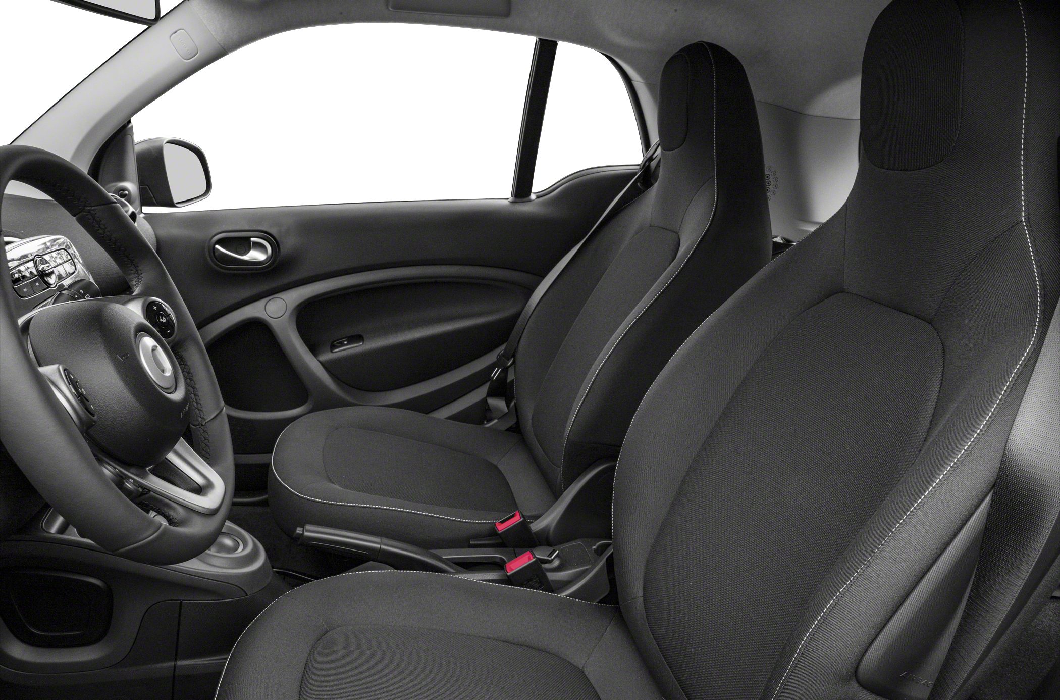 Modern two-seater front cabin with fabric seats and ergonomic door panel.