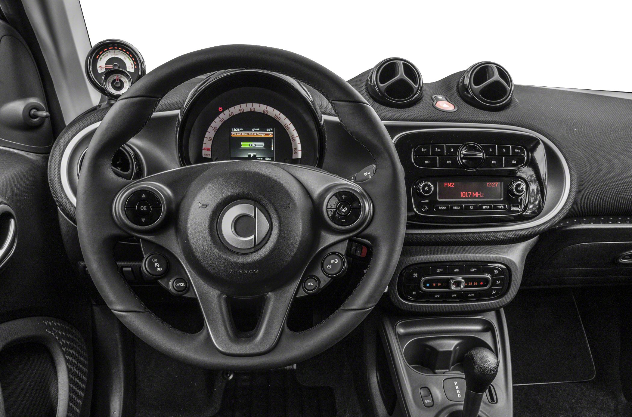 Steering wheel with control buttons and digital dashboard display