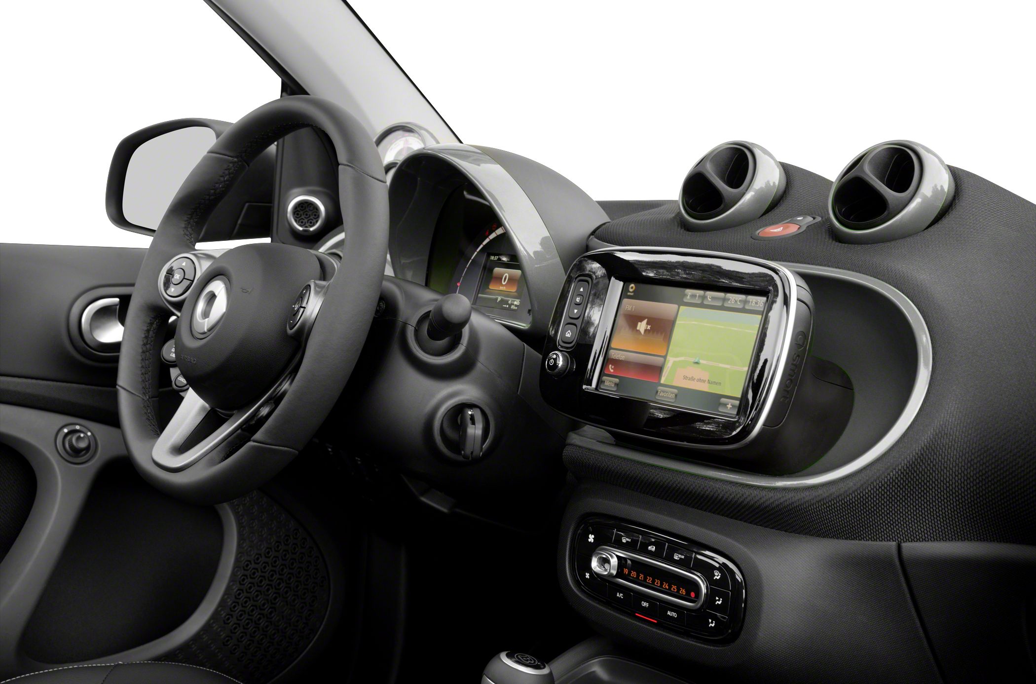Dashboard with steering wheel, digital display, and infotainment screen