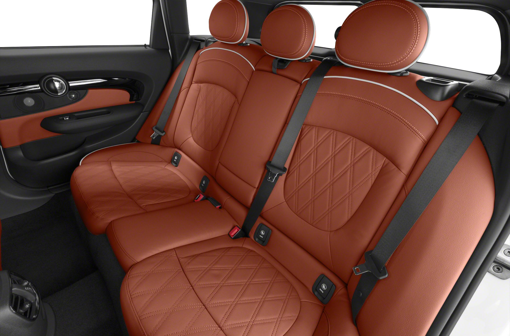 Rear seat interior with brown leather and diamond stitching