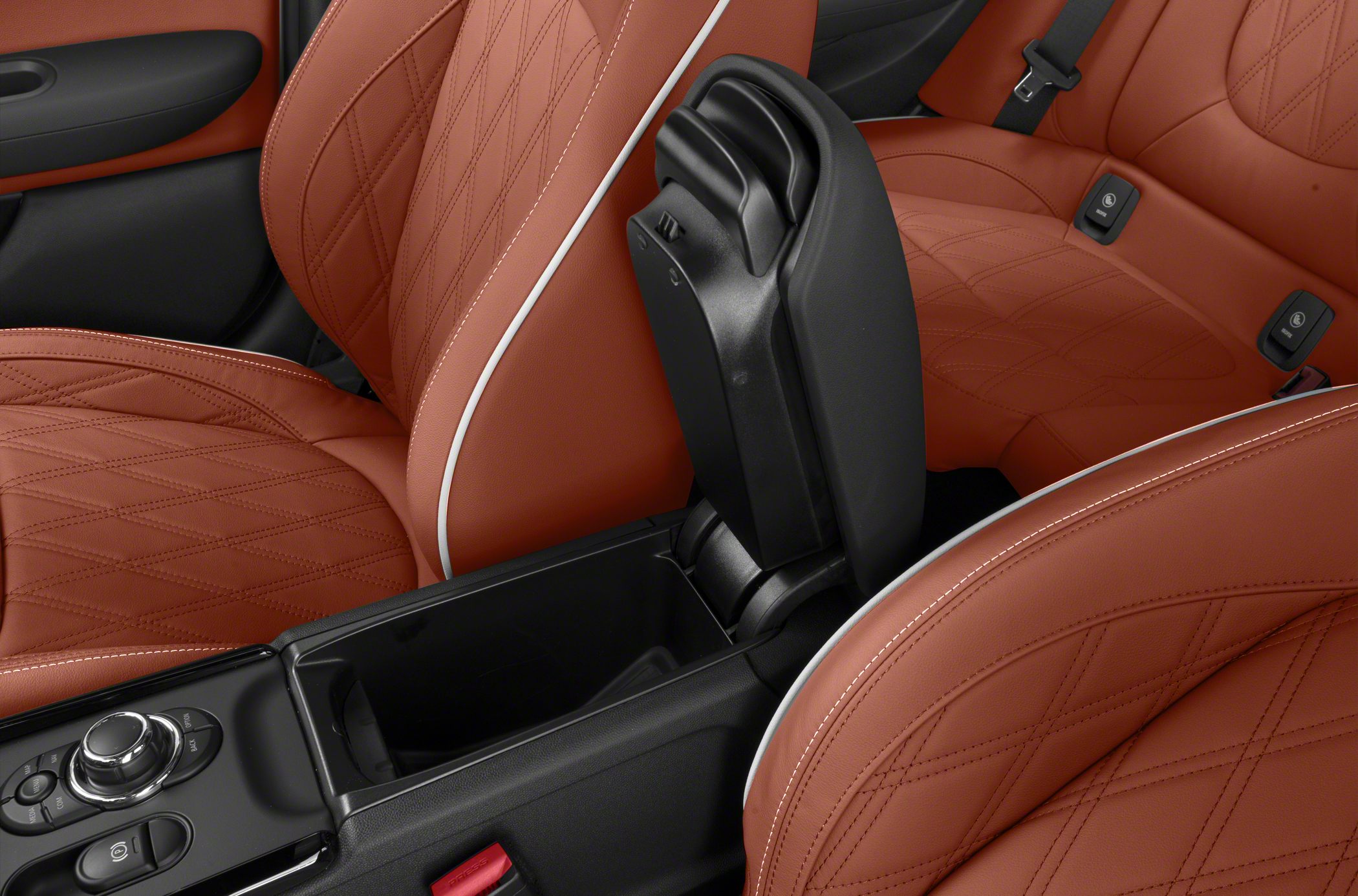 Center console storage with stitched leather seats