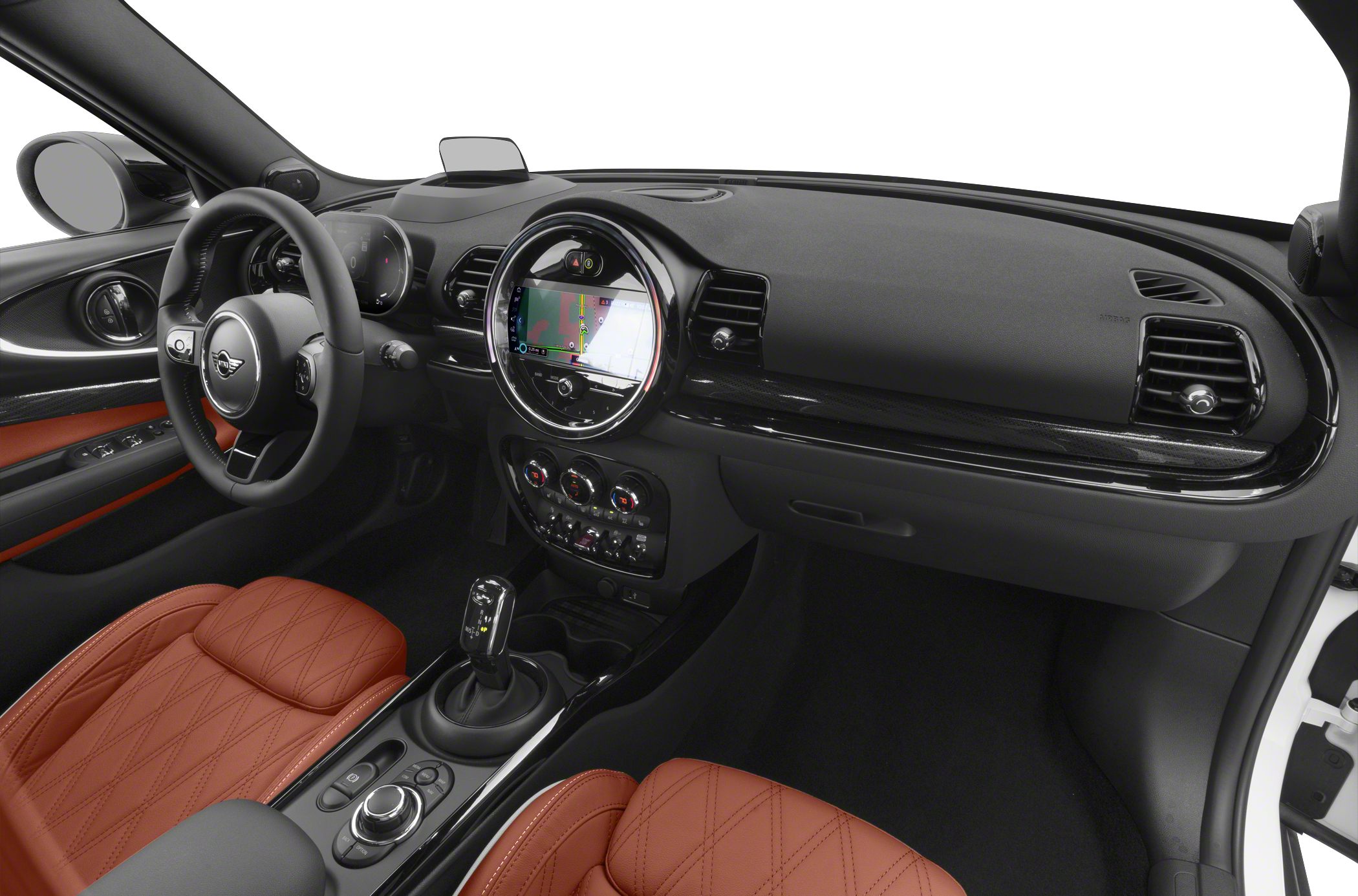 Modern car interior with round center display and red leather seats