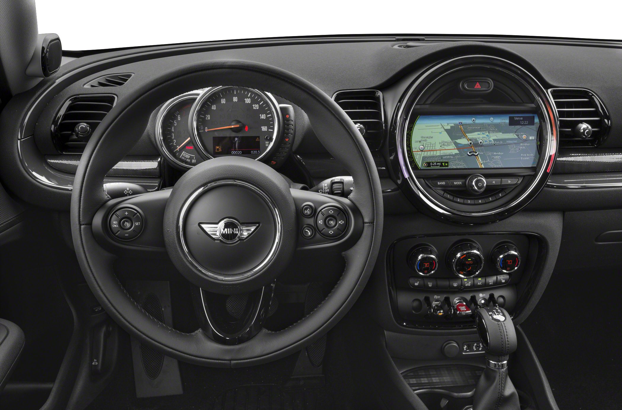Digital instrument cluster and circular navigation display with climate controls