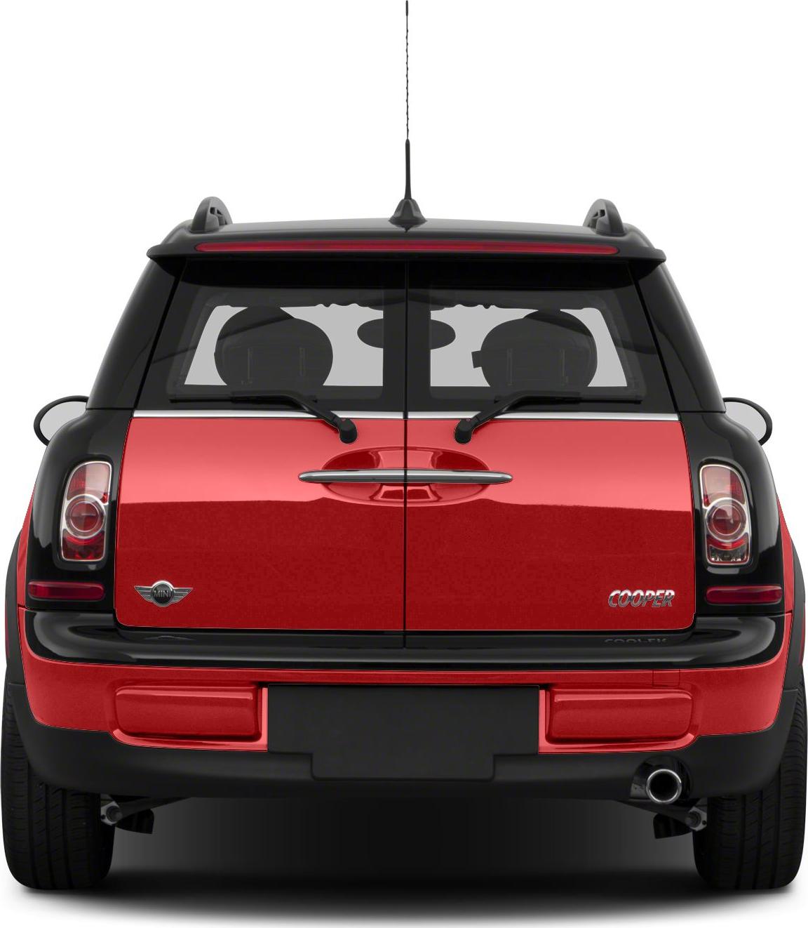 Split rear doors with dual wipers and Cooper badge on a Mini.