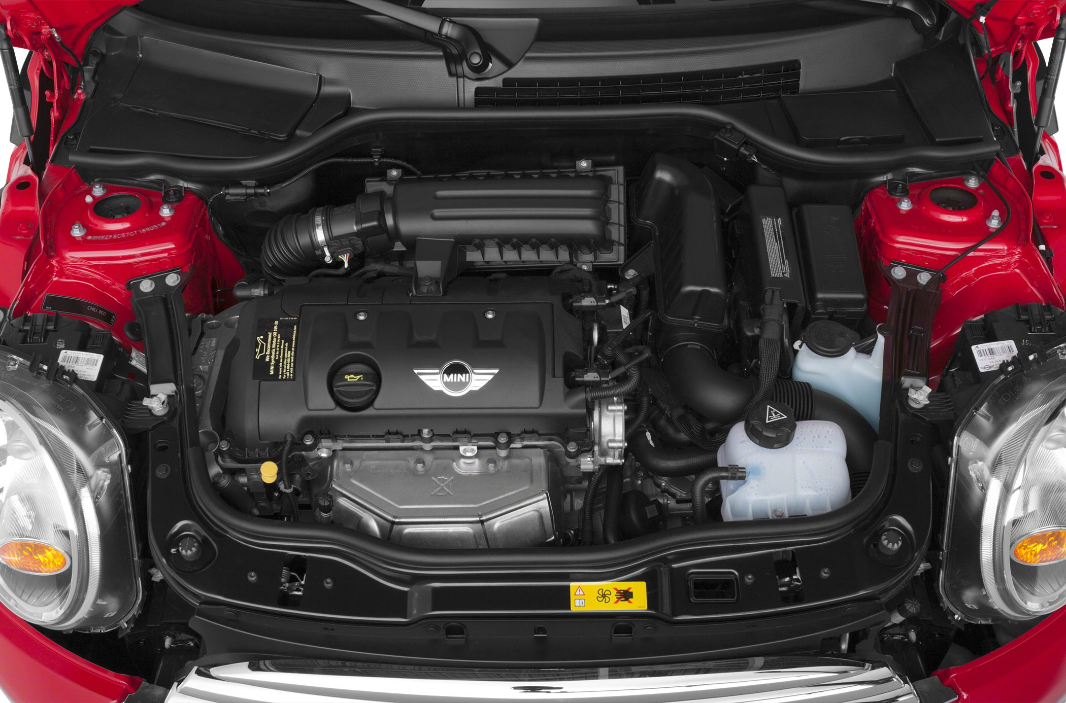 Open engine bay with visible MINI engine components and fluid reservoirs
