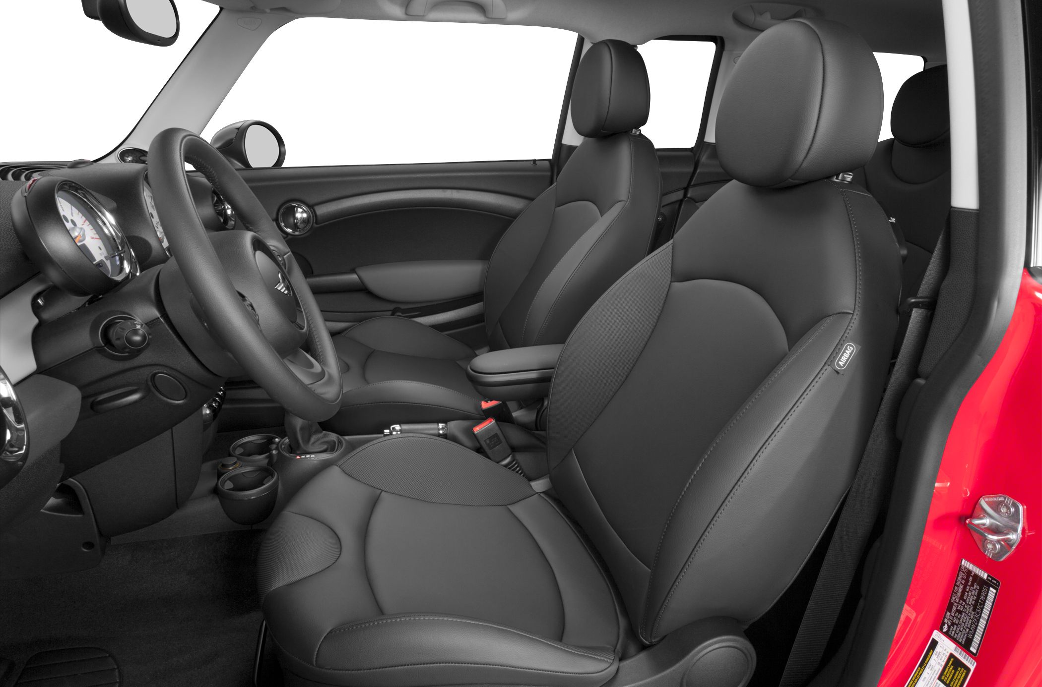 Front car interior with leather seats and dashboard
