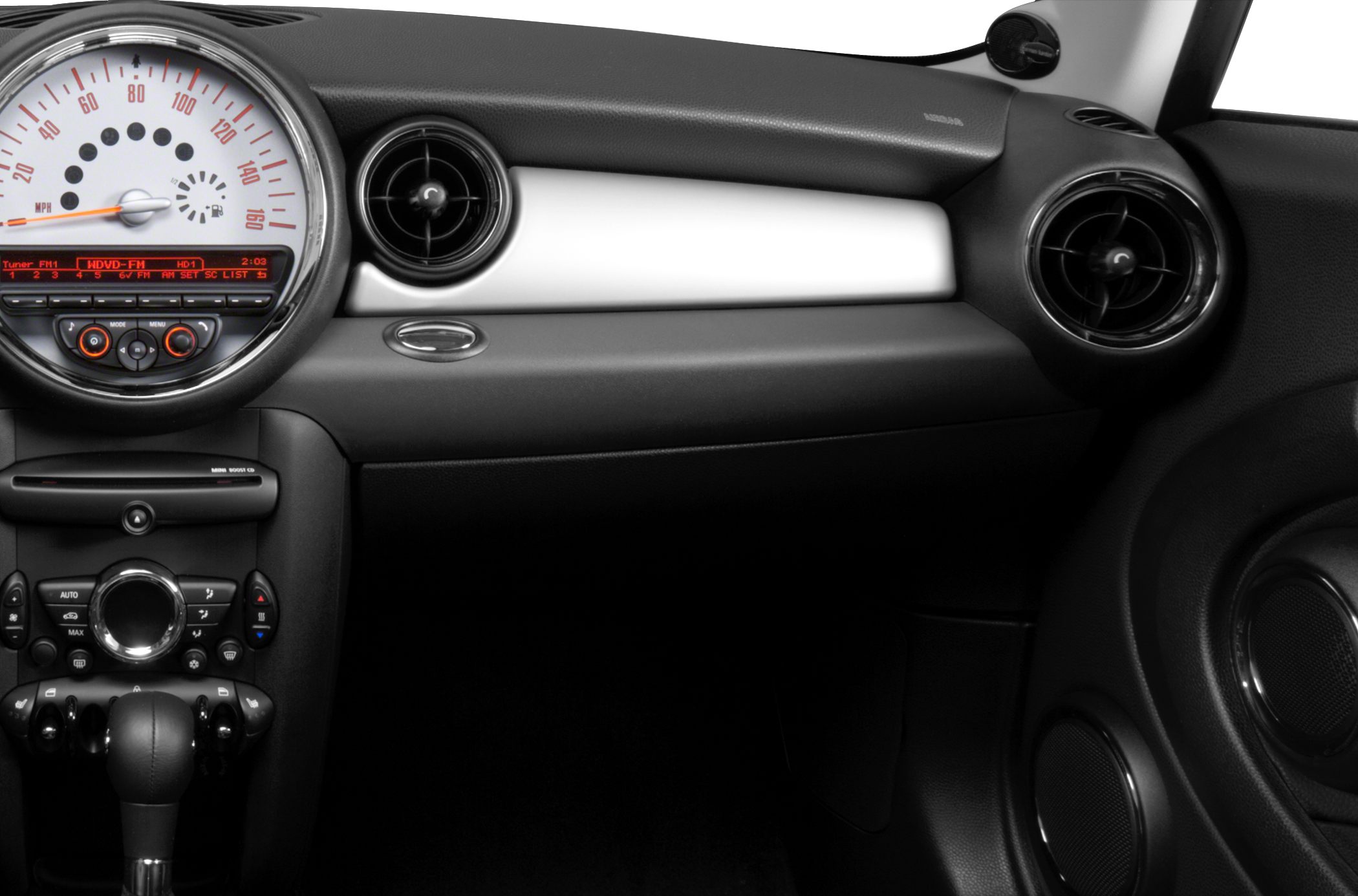 Dashboard with large central speedometer and round air vents