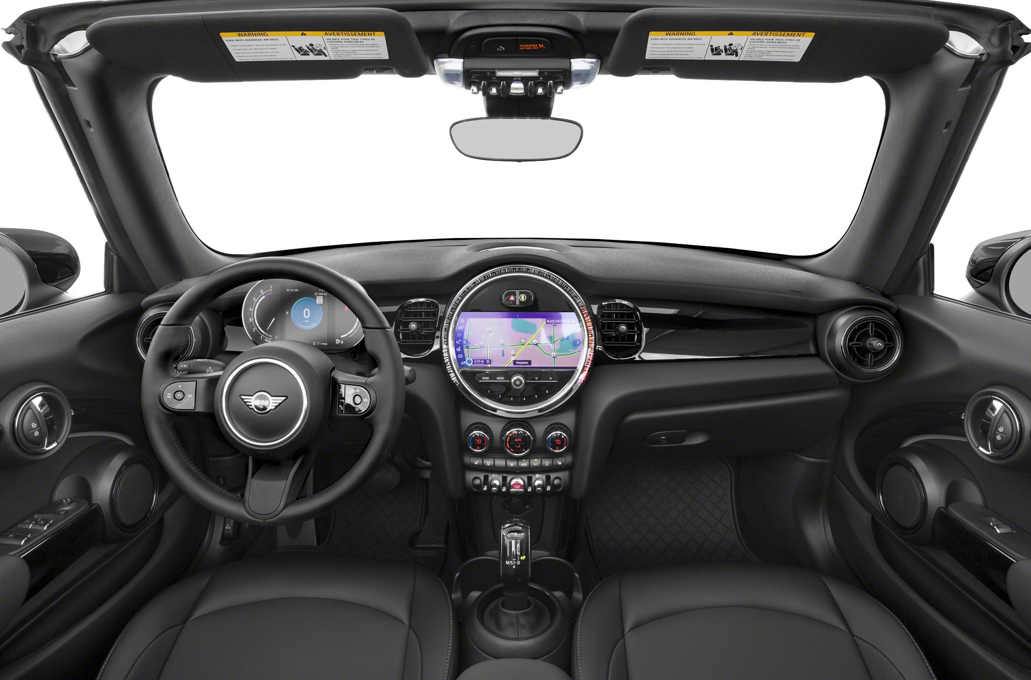 Convertible car interior with digital cockpit and round central navigation display
