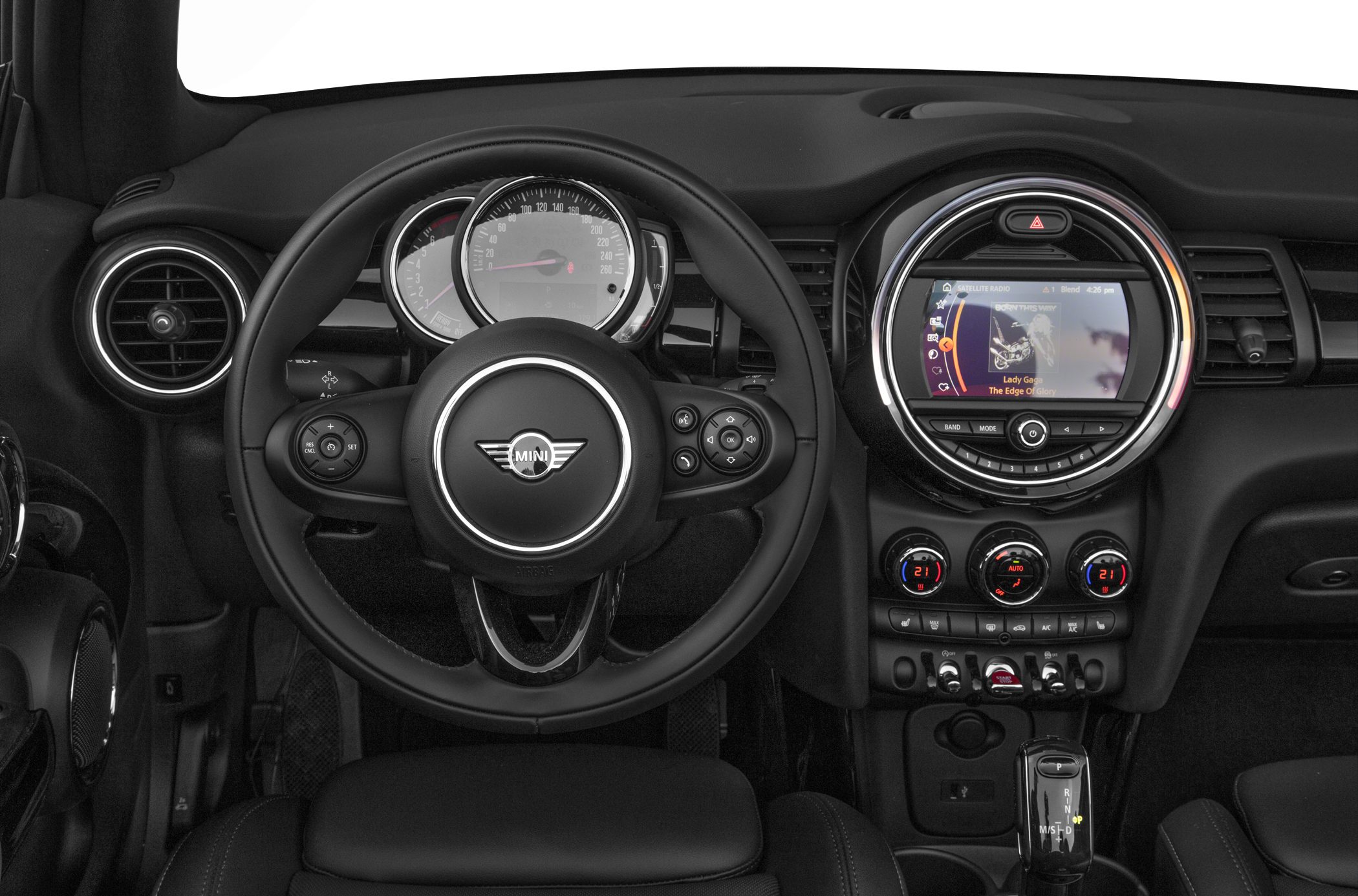 Dashboard and steering wheel with central infotainment and controls