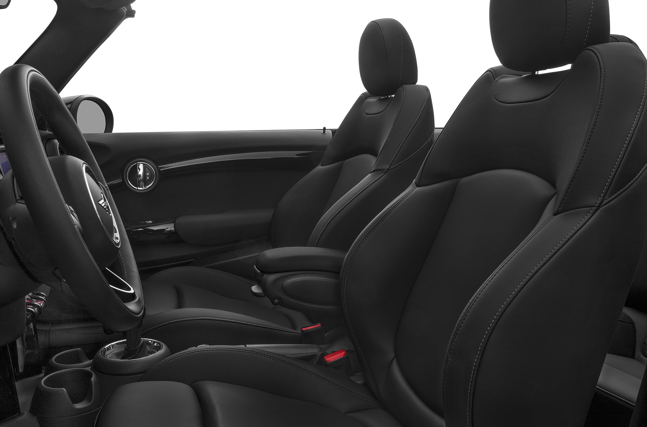 Black leather front seats and steering wheel with detailed stitching