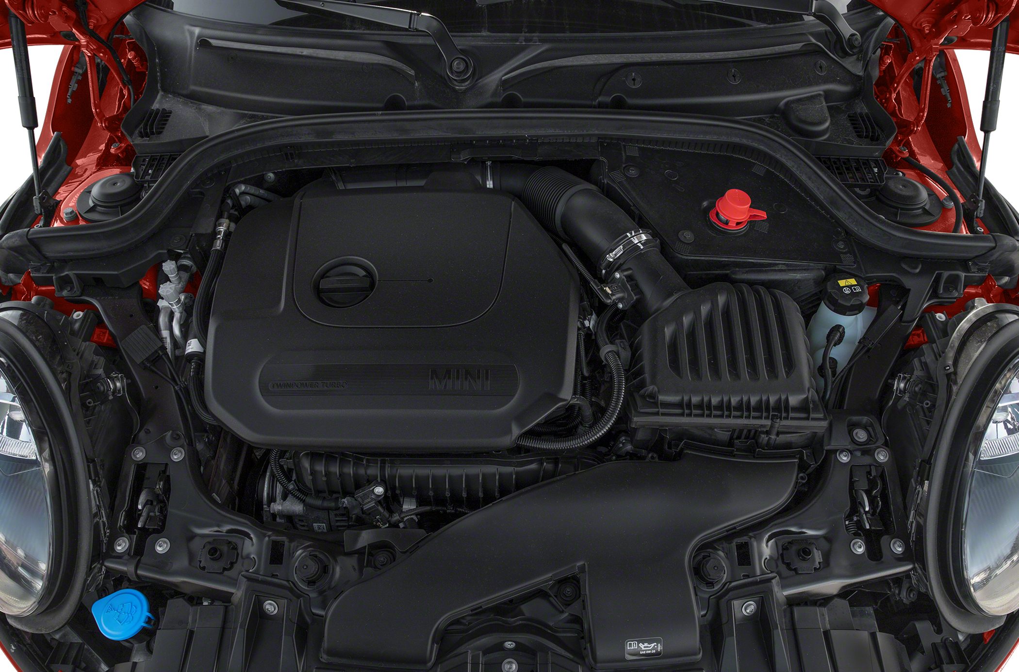 Engine bay with turbocharged engine and air intake system