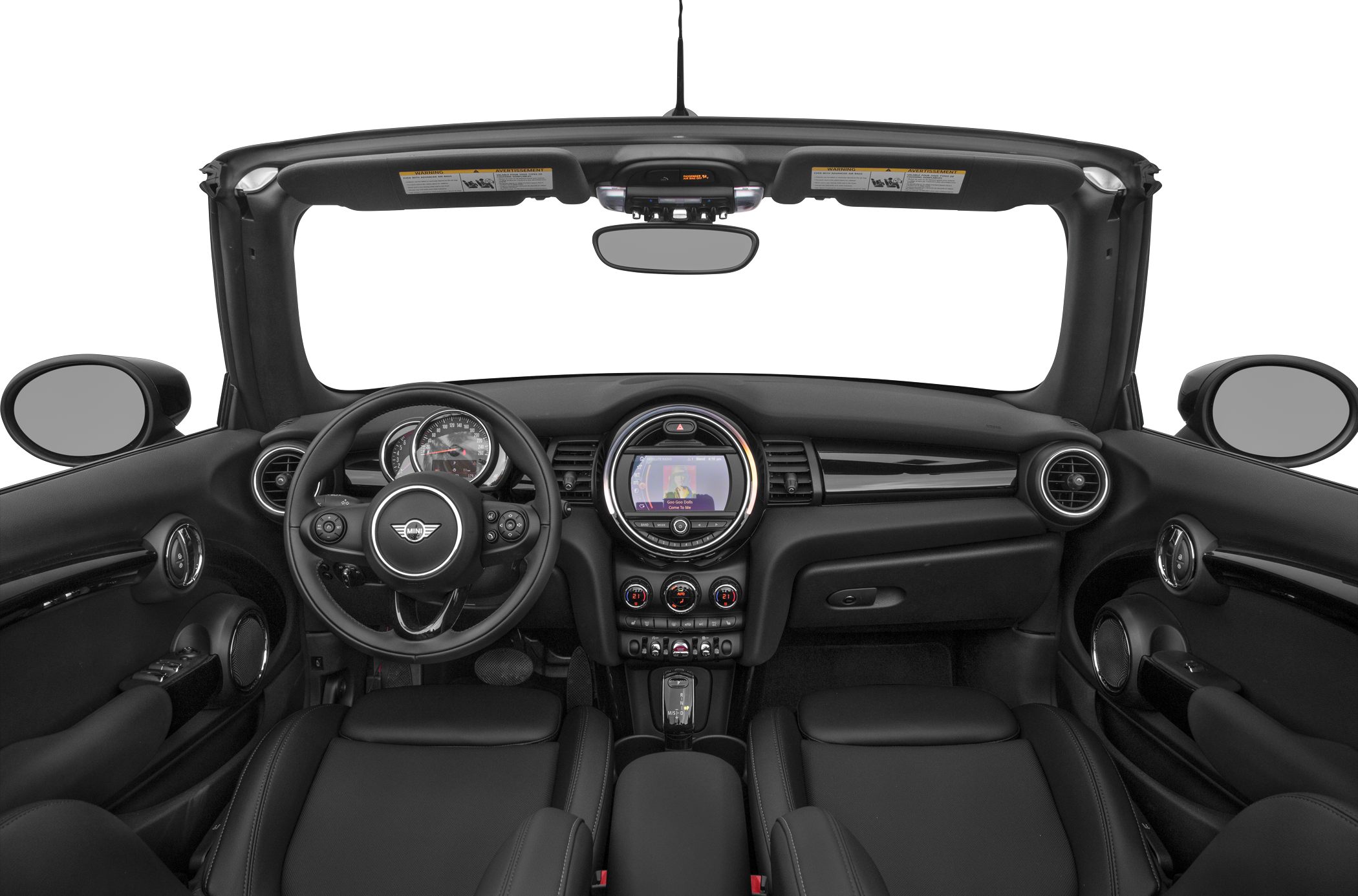 Dashboard and steering wheel of open-top convertible interior