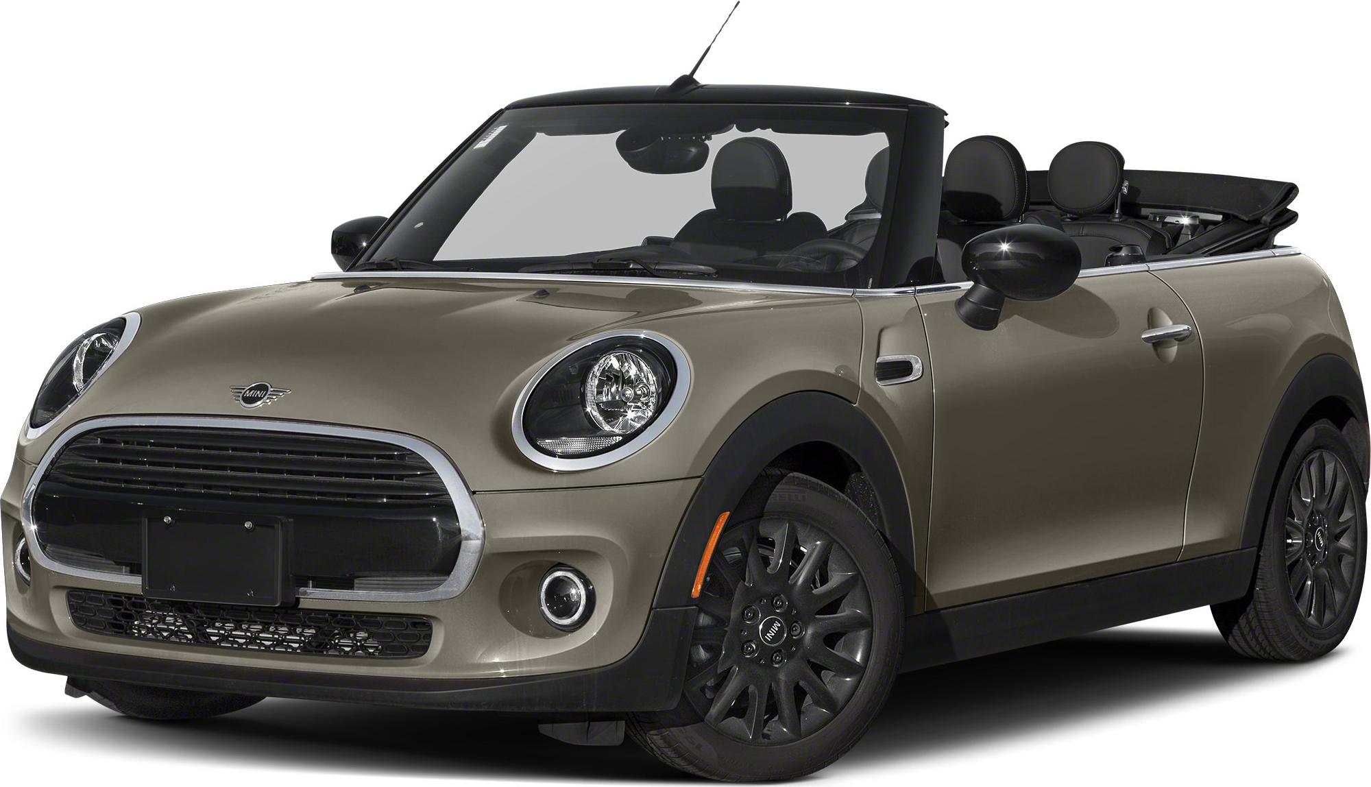 Front and side view of open roof convertible with round headlights and black wheels