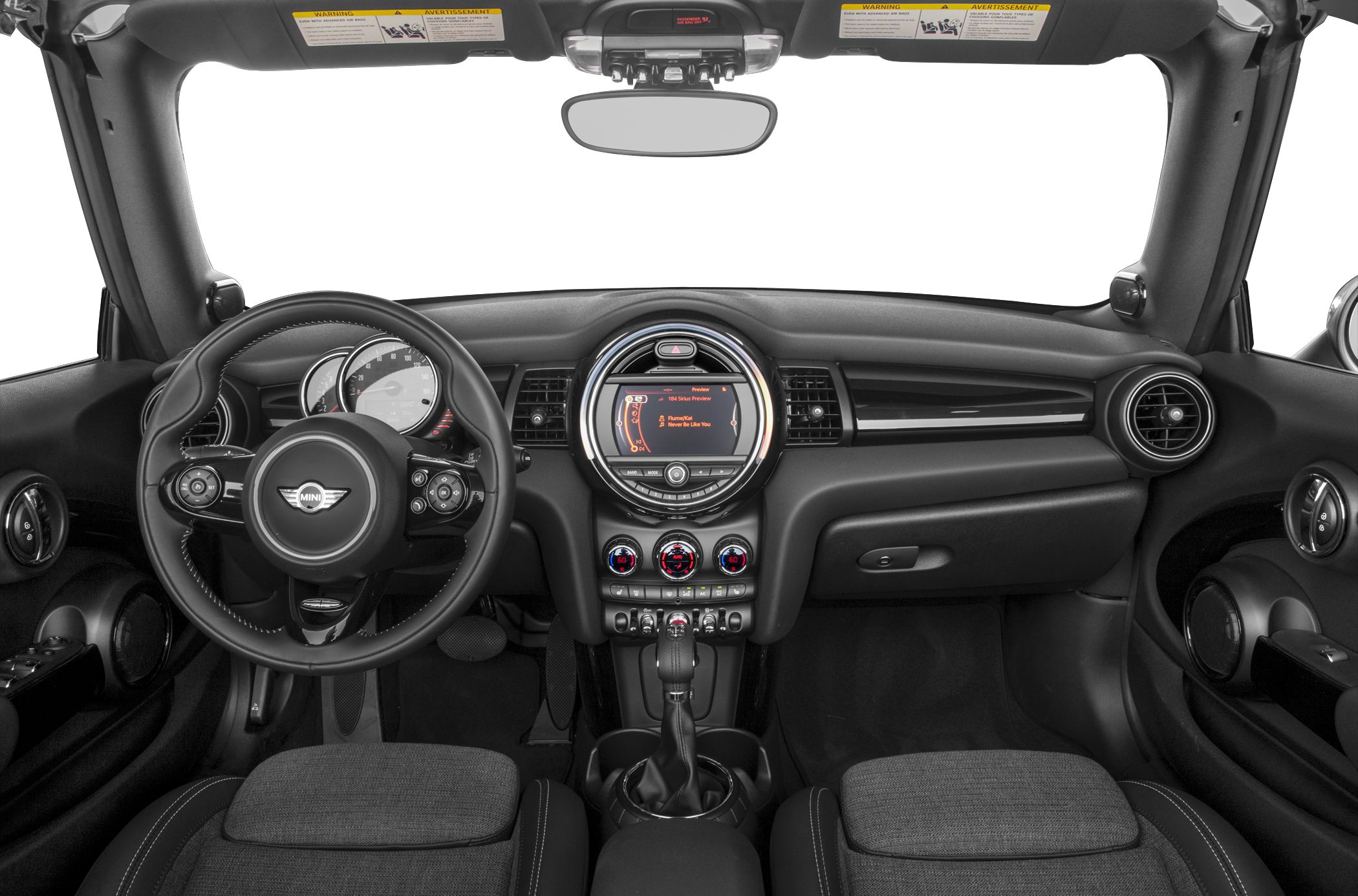 Dashboard, steering wheel, and infotainment system with climate controls