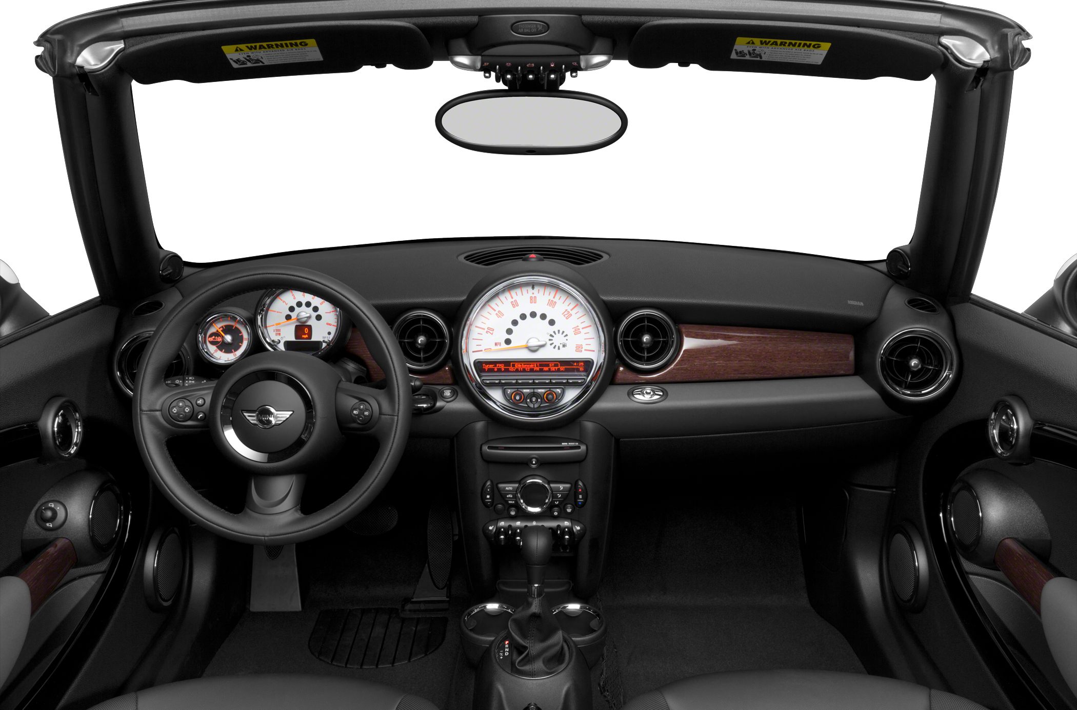 Close-up of dashboard and steering wheel of a convertible interior