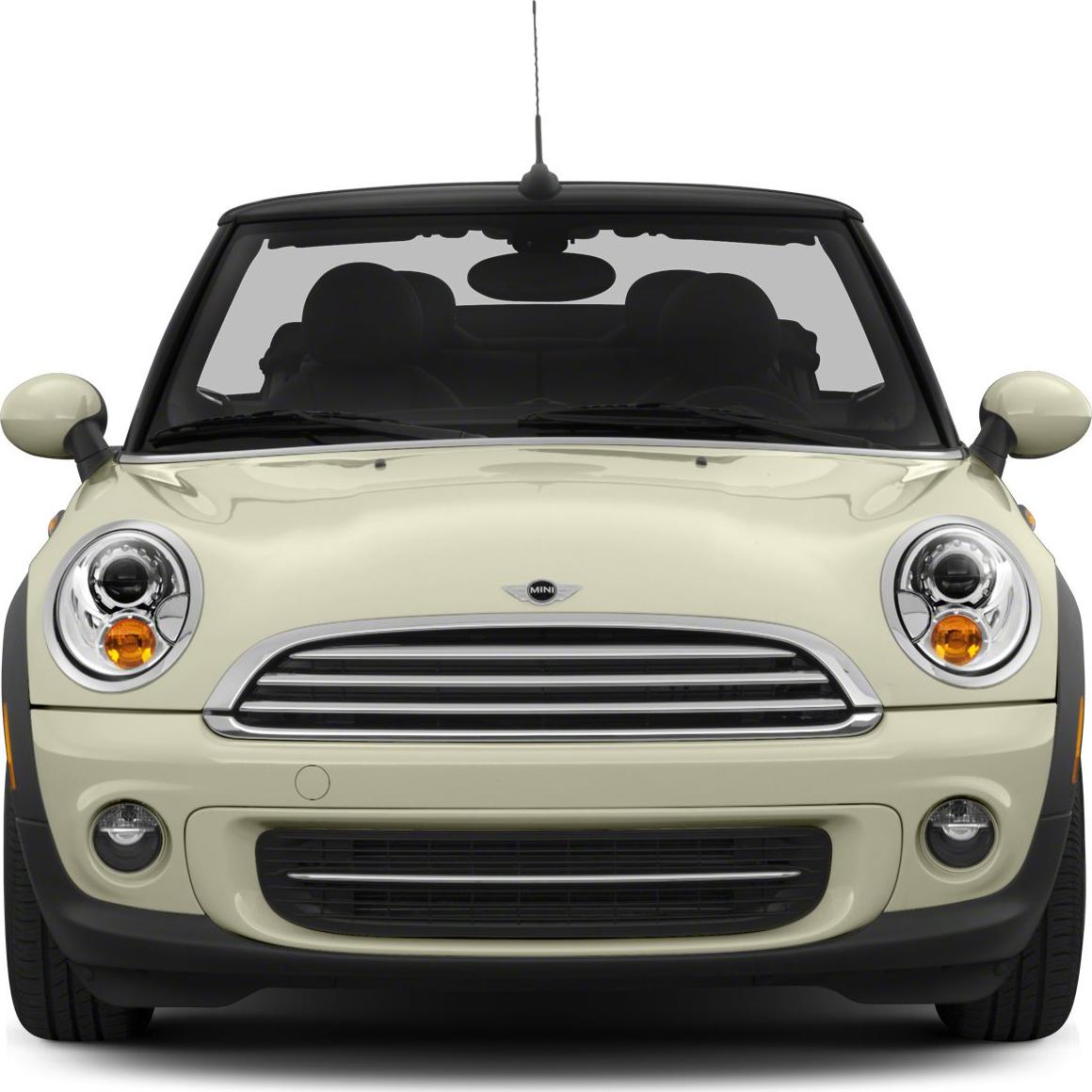 Compact convertible front view with round headlights and horizontal grille