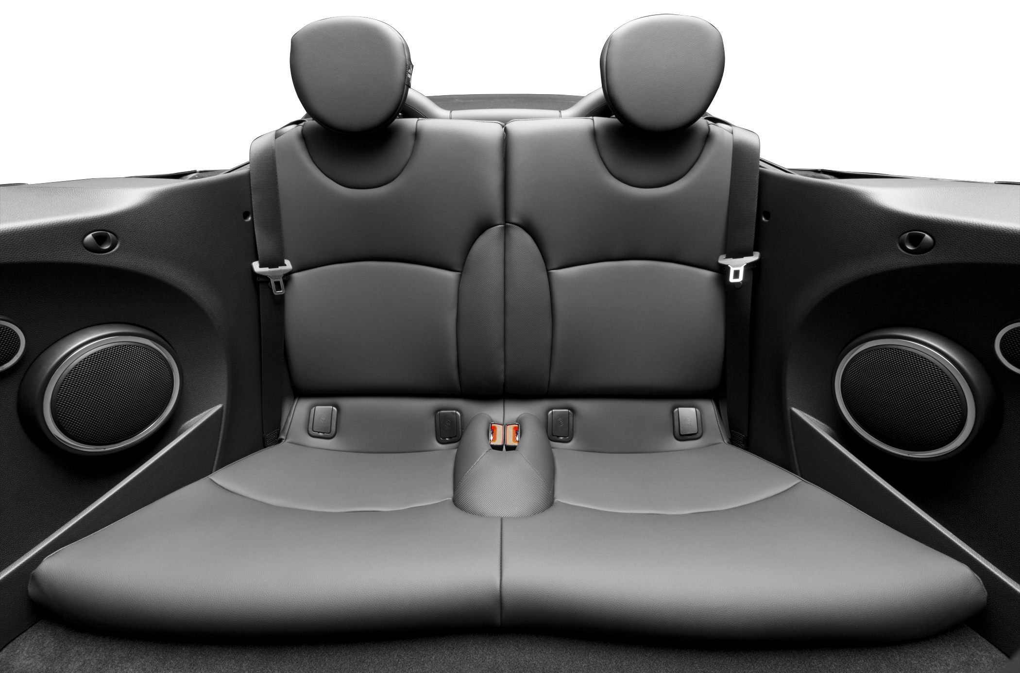 Convertible rear leather seats with headrests and built-in side speakers