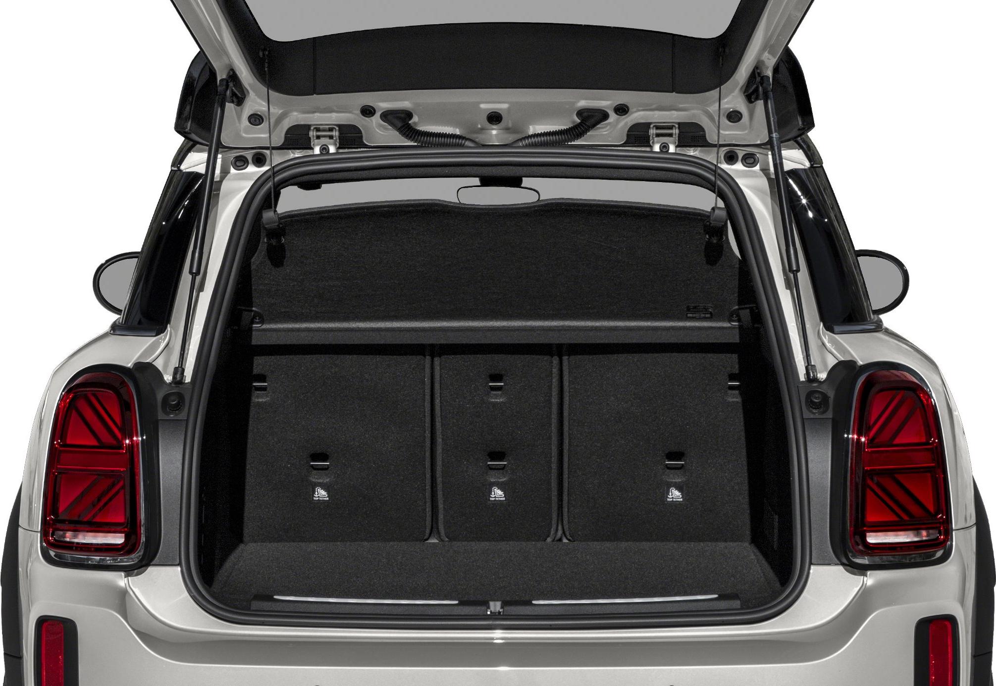 Open trunk interior of a compact SUV with rear seats upright