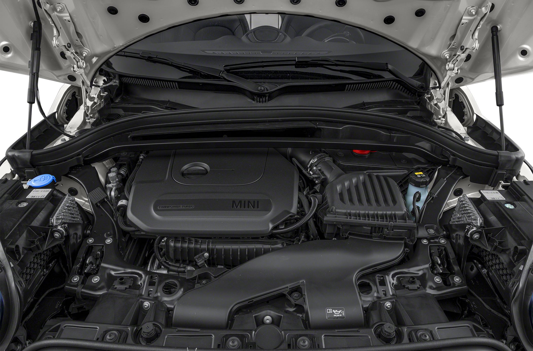 Close-up of a TwinPower Turbo engine layout and components under an open hood