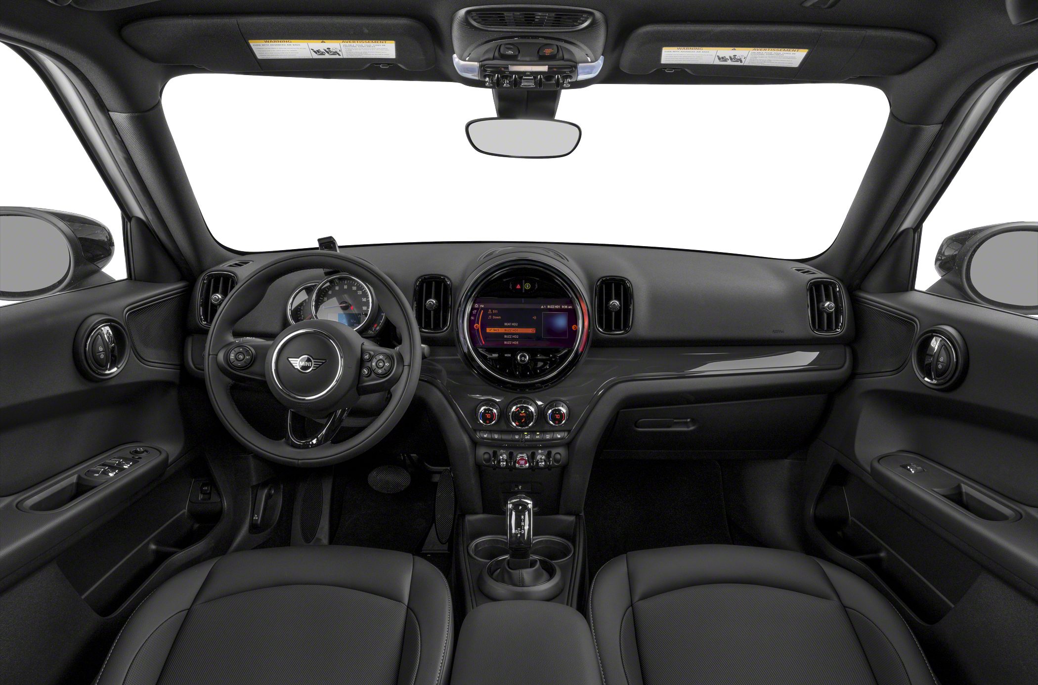 Black dashboard and steering wheel with central round infotainment display