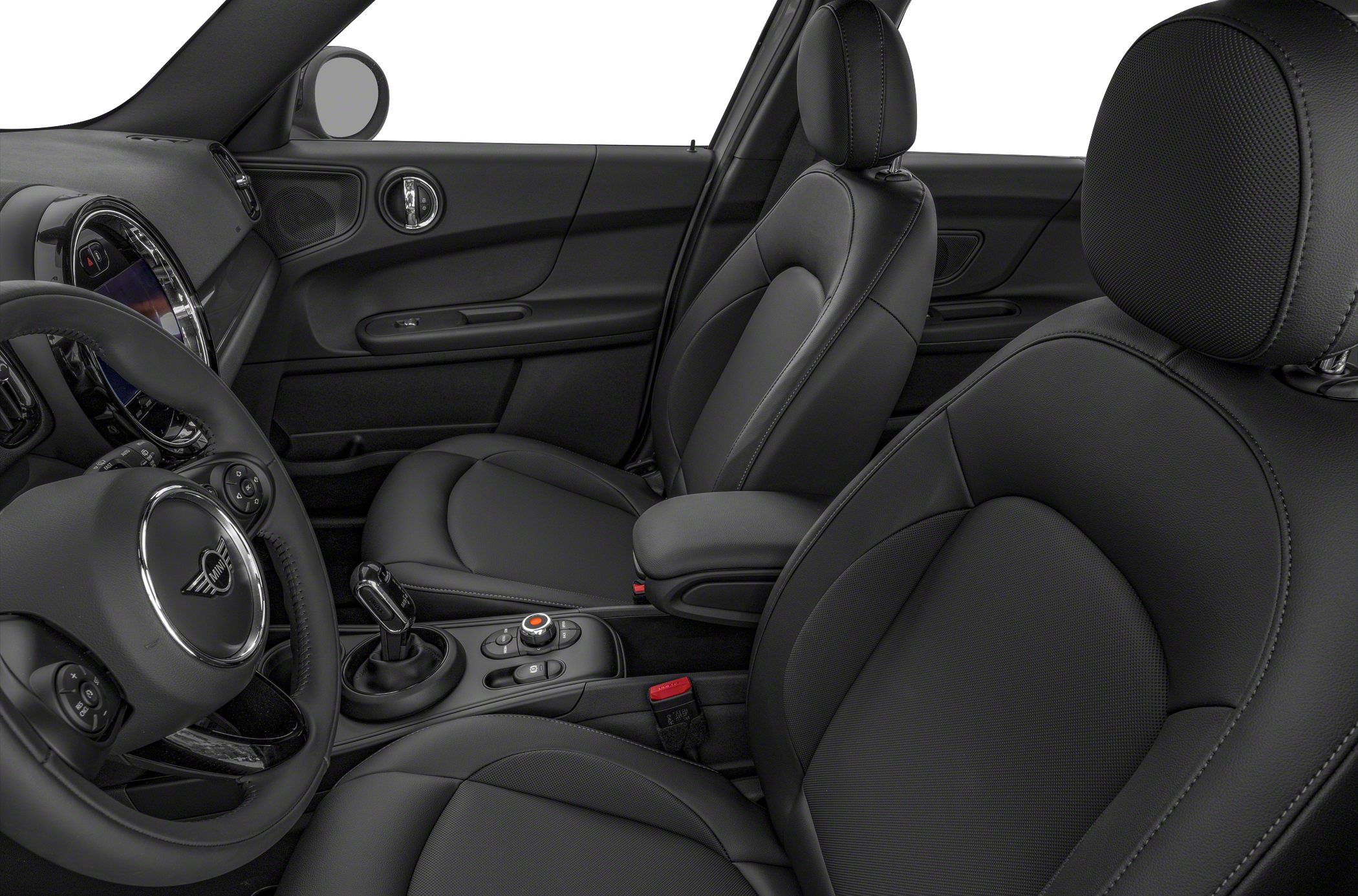 Front interior with black leather seats and dashboard controls