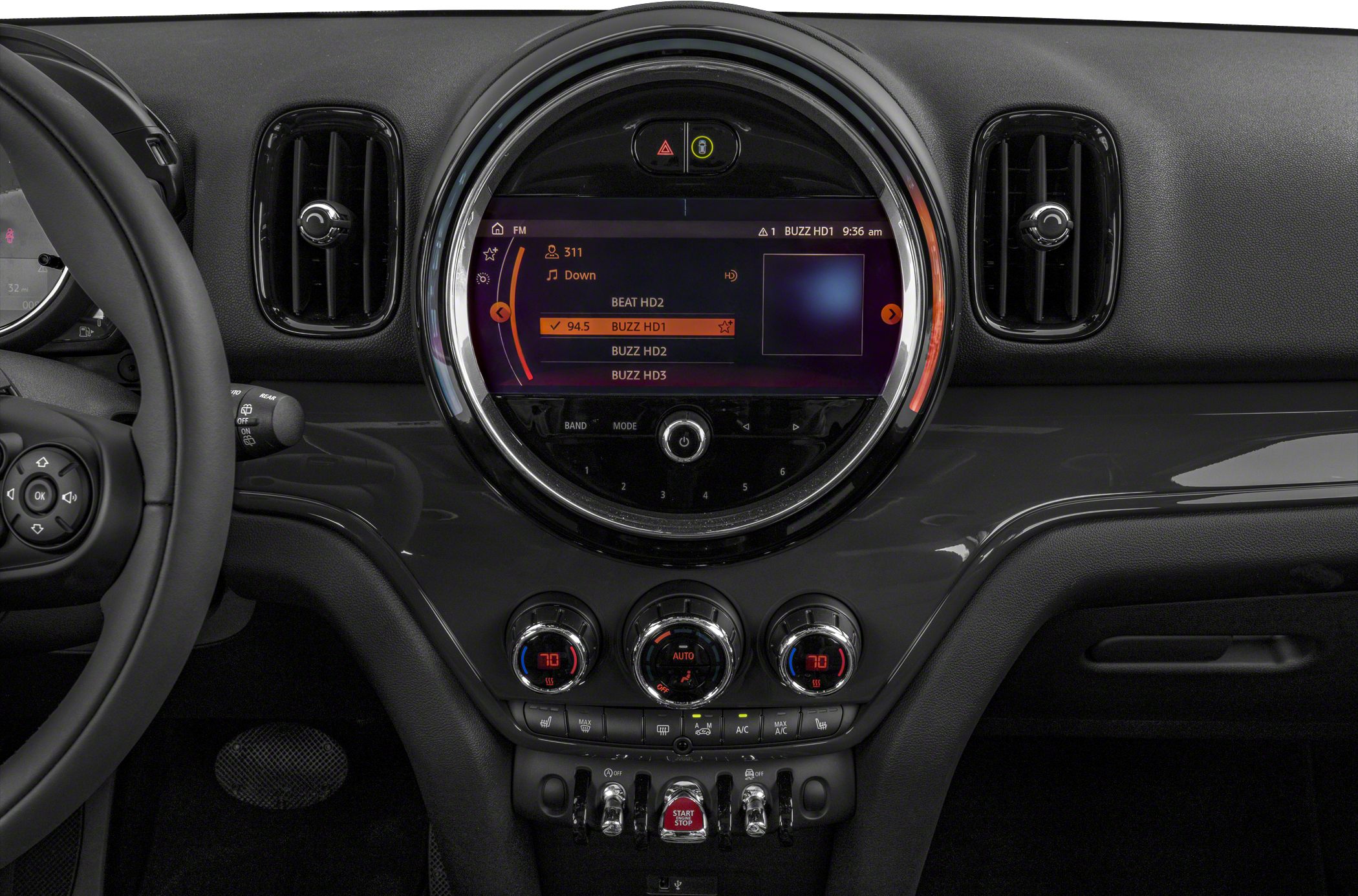 Circular infotainment display and dual-zone climate control dials