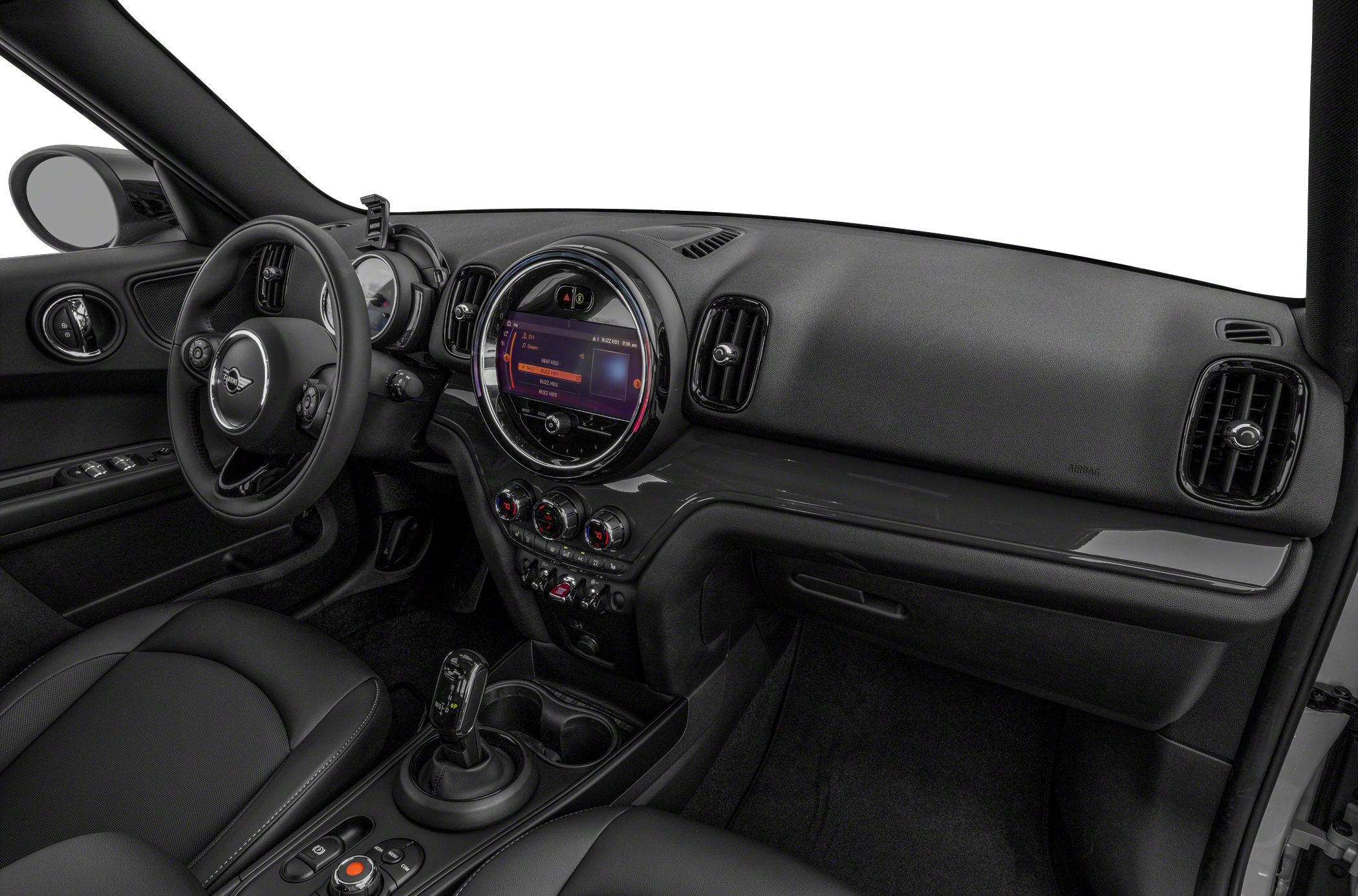 Modern interior dashboard with round infotainment and ergonomic controls
