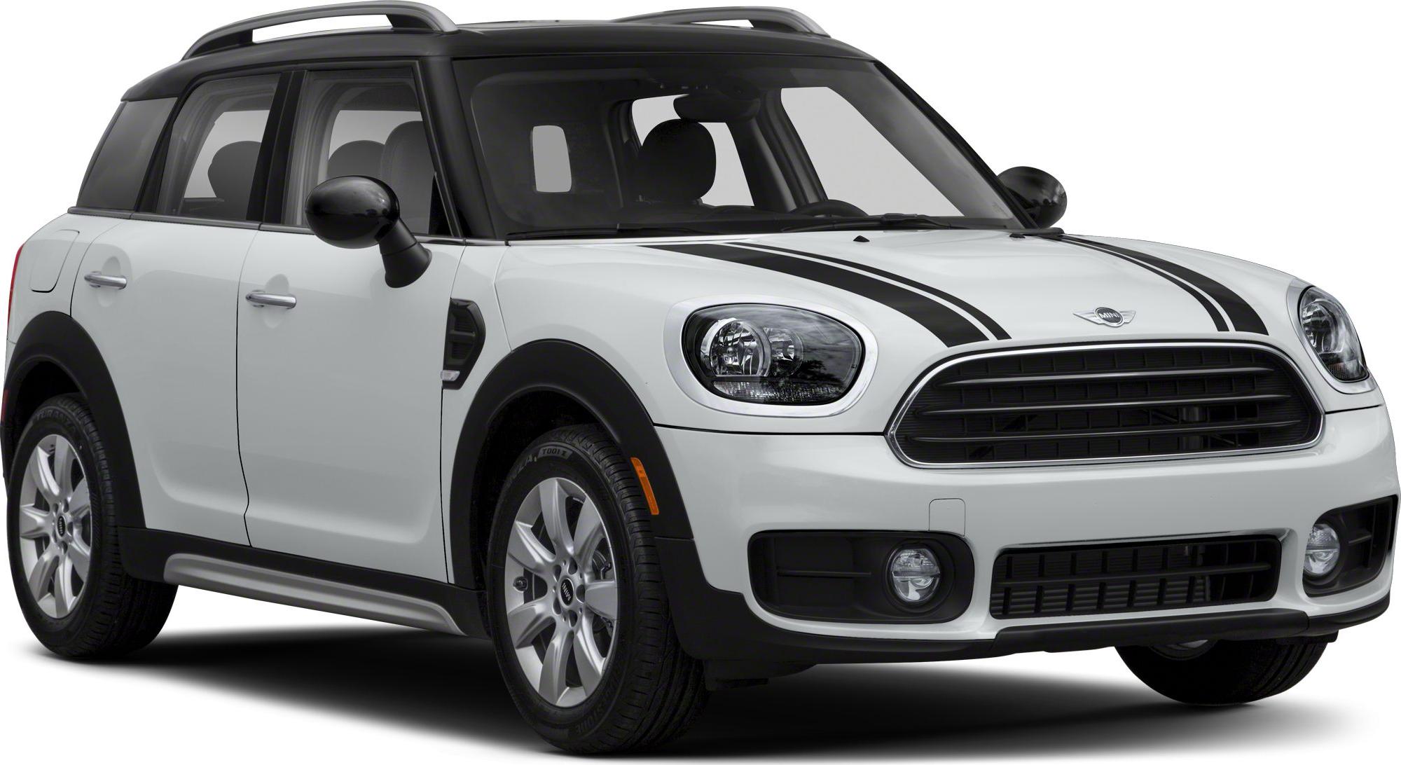 Front and side view of a crossover with racing stripes and roof rails
