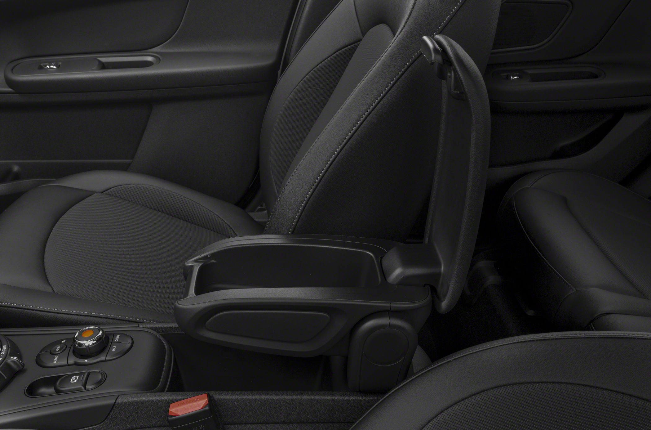 Black leather seats with center console storage compartment
