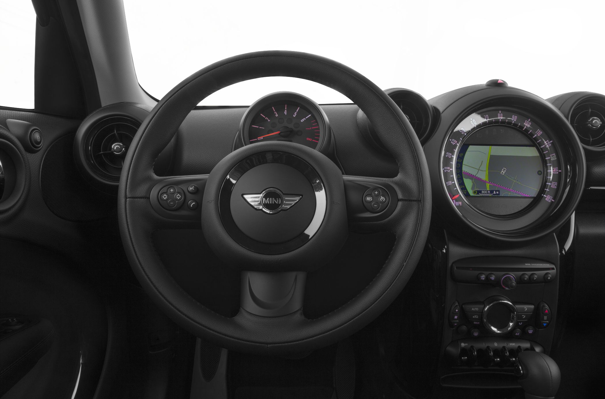 Dashboard with steering wheel and central navigation display