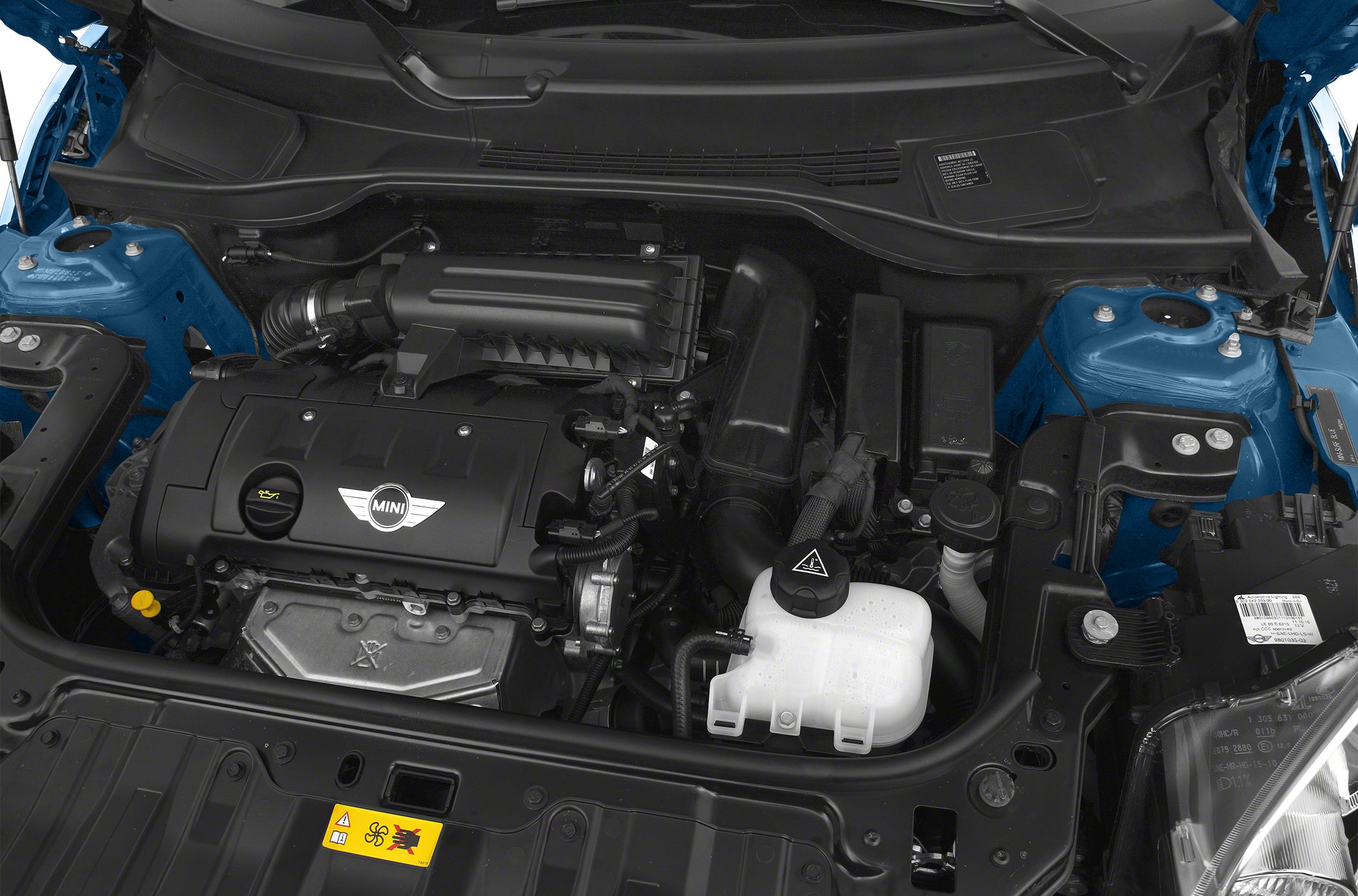 Engine bay with Mini-branded engine cover and fluid reservoir