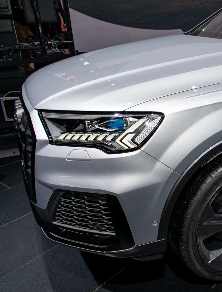 Close-up of front headlight and grill with LED lighting detail