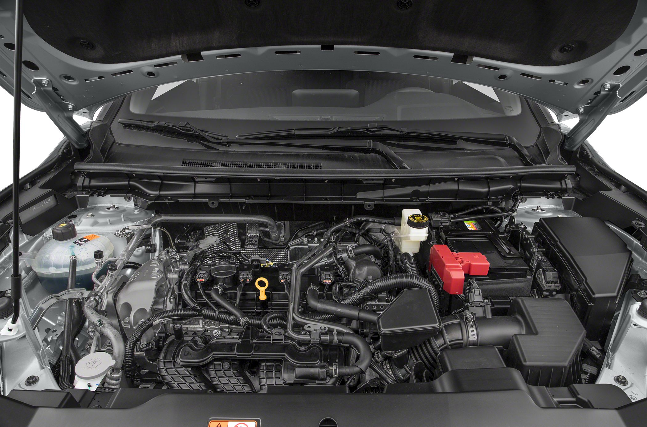 Modern engine bay with detailed engine components and wiring