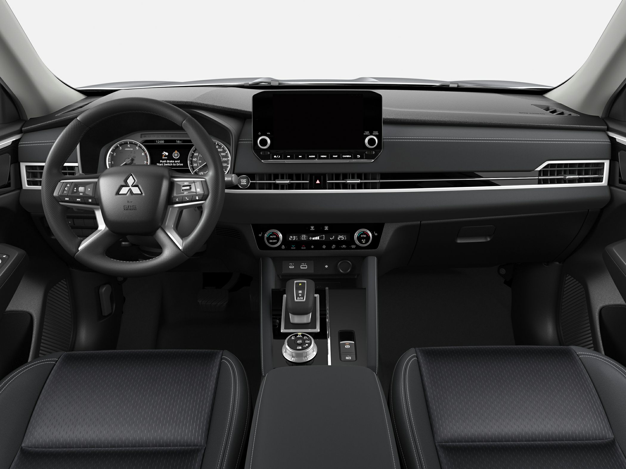 Modern car interior with dashboard, steering wheel, and infotainment system
