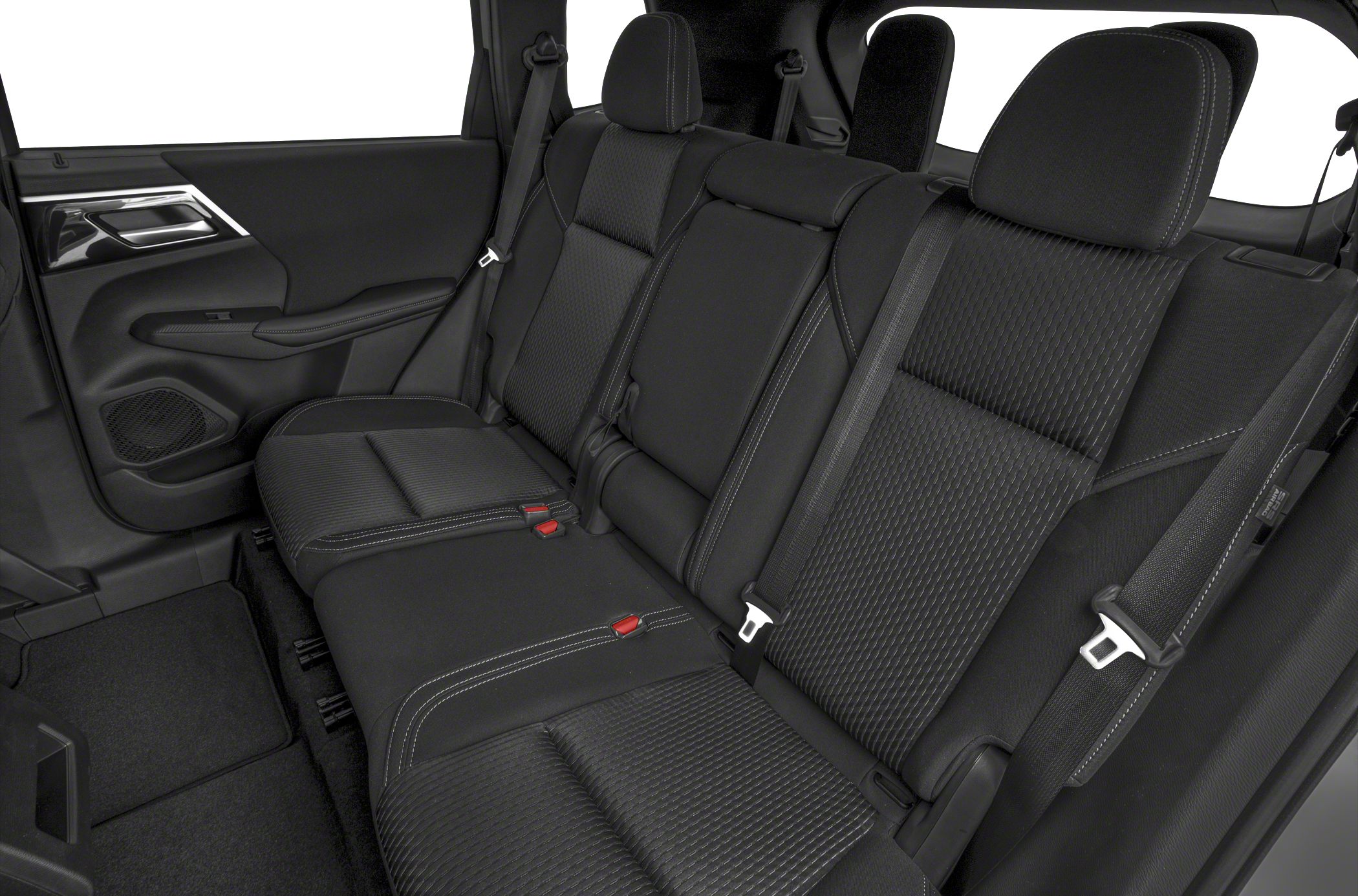 Fabric upholstery rear seat with seat belts and headrests