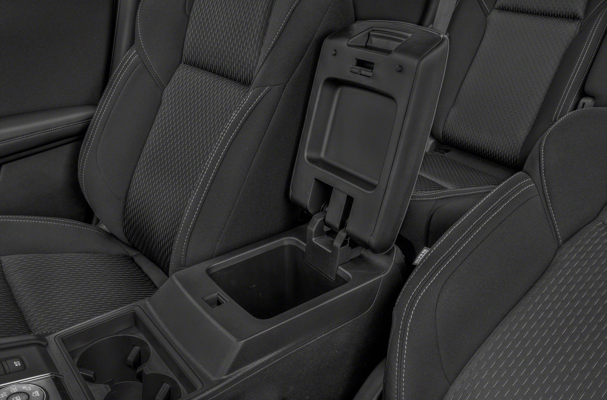 Open center console storage and front seats upholstery