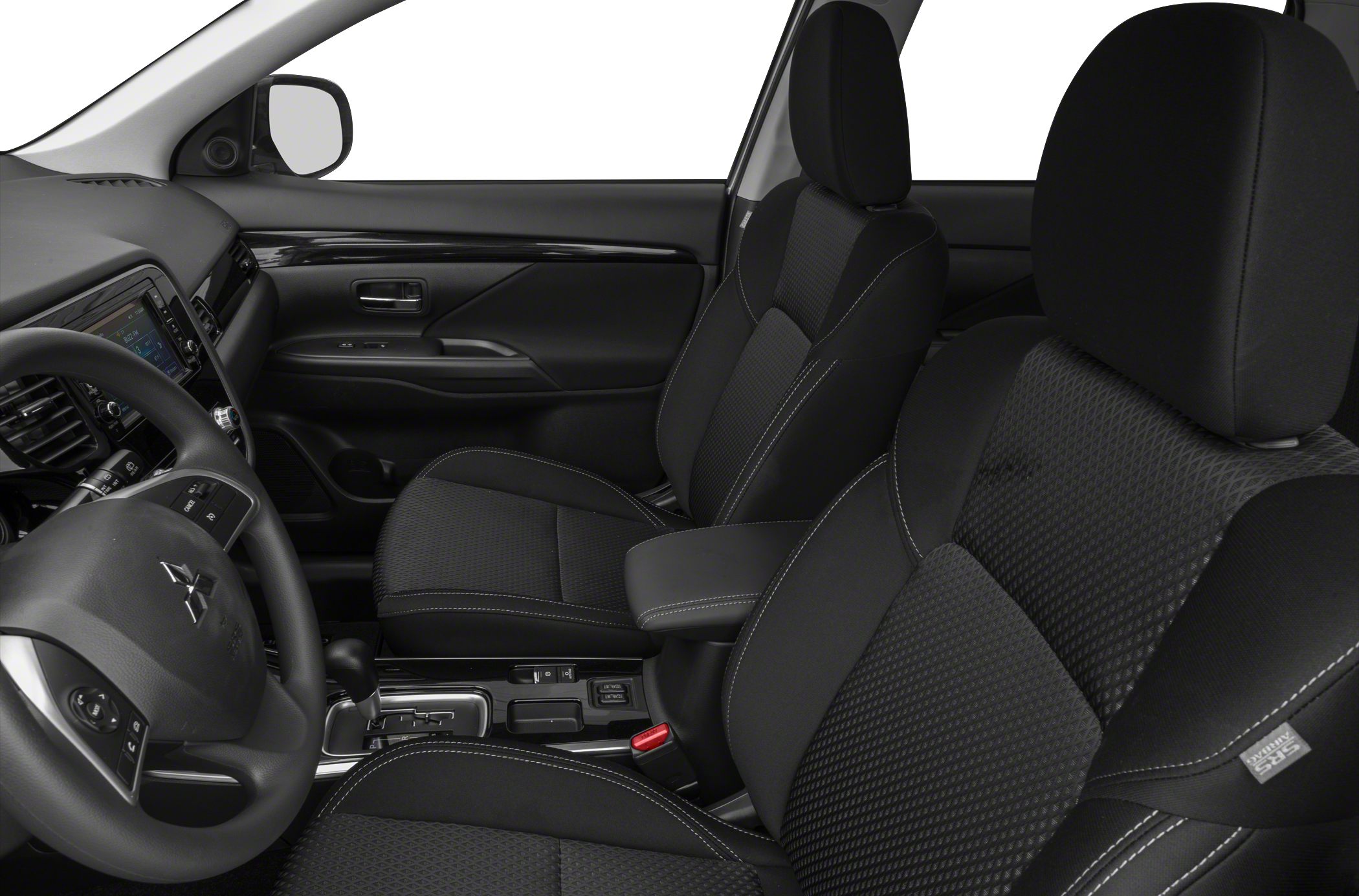 Black fabric front seats with steering wheel and door panel.
