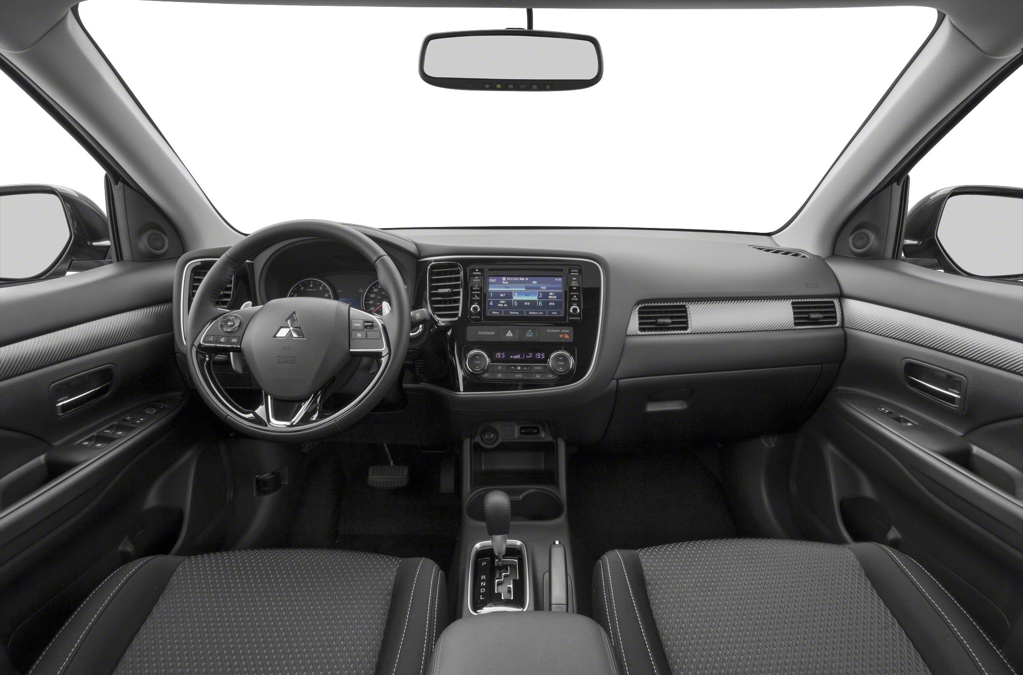 Interior dashboard, steering wheel, and infotainment system with automatic gear shifter