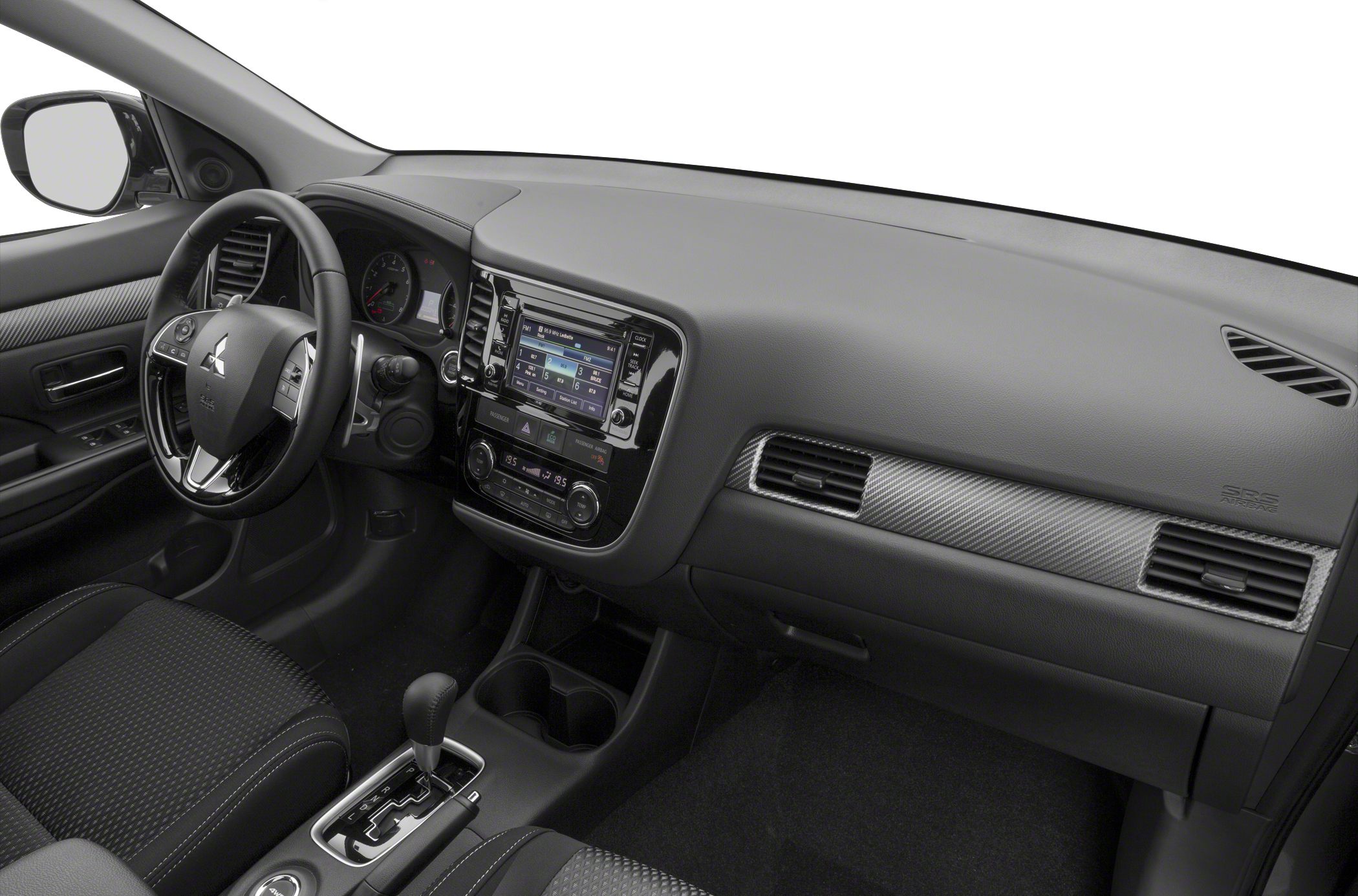 Dashboard, steering wheel, infotainment system, and gear shift