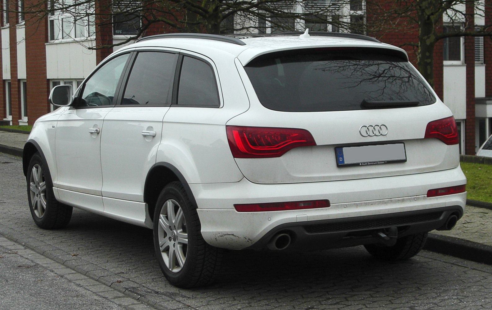 Rear view with distinct taillights and dual exhausts
