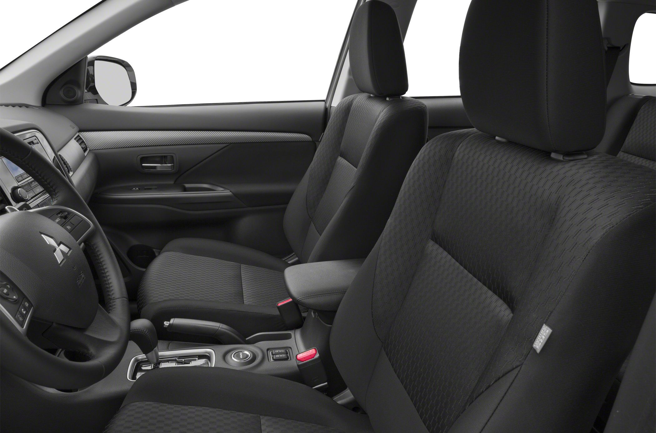 Front interior seating, black fabric seats, steering wheel, and dashboard controls