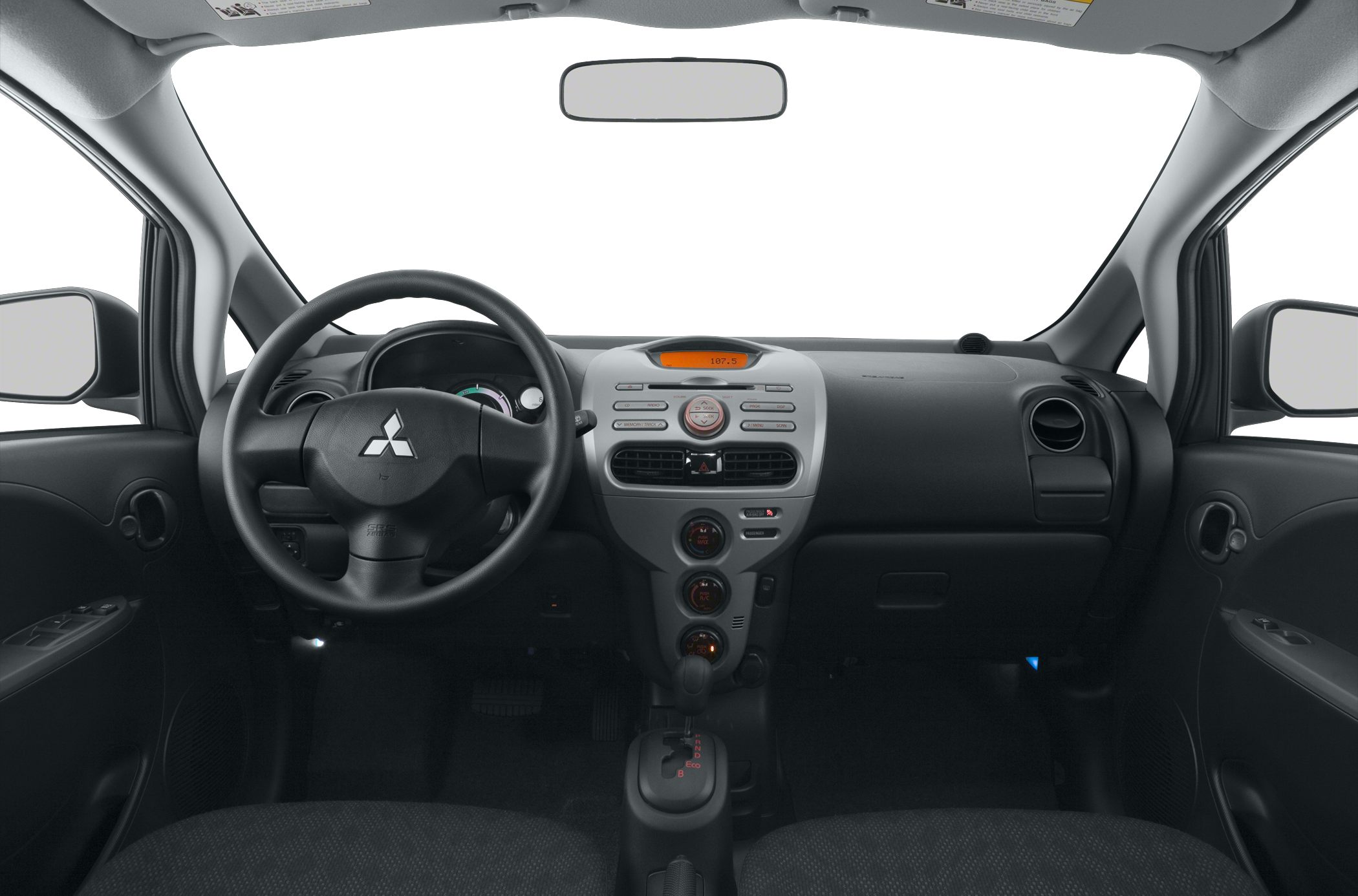 Steering wheel, dashboard with central console, and gear shift