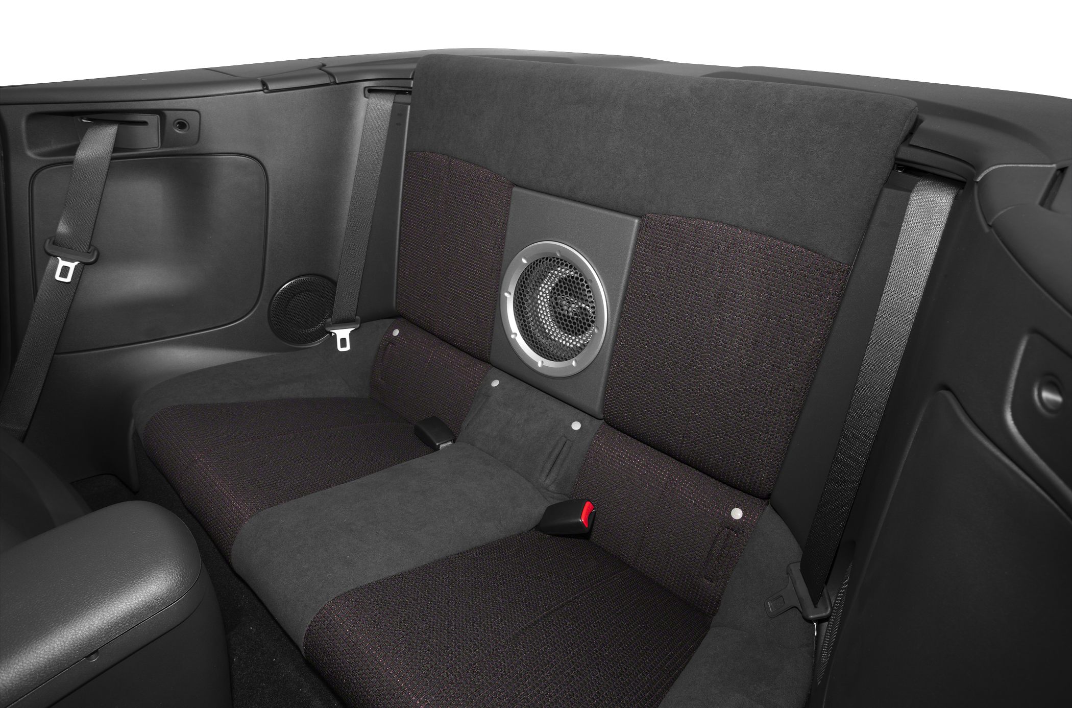 Convertible rear seats with integrated speaker and seat belts