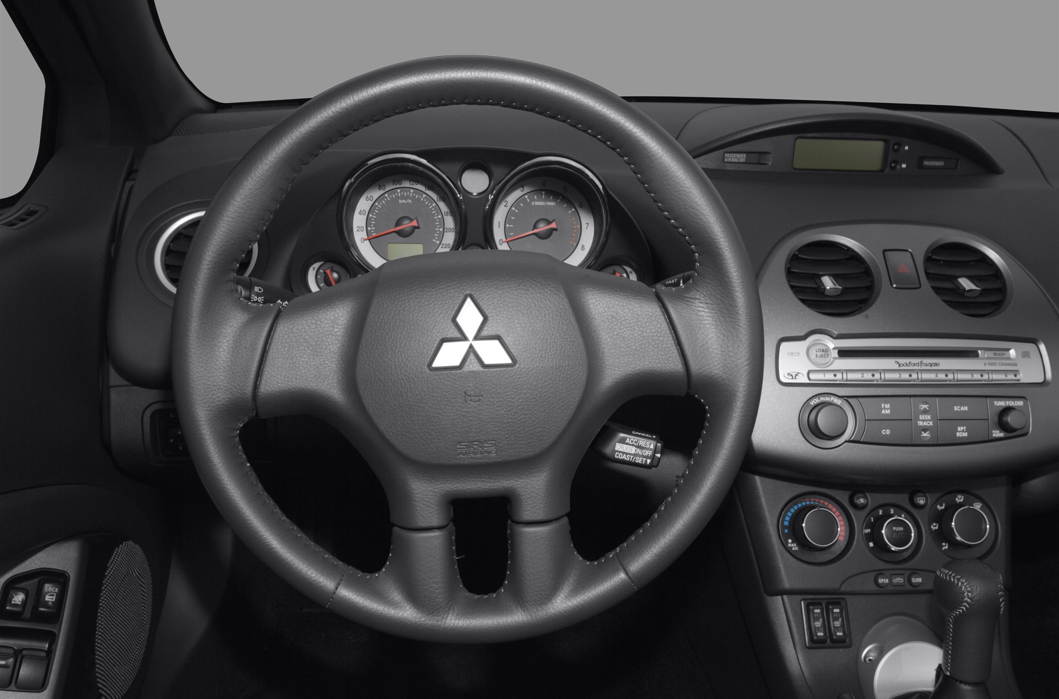 Steering wheel, instrument cluster, and dashboard controls of a car interior