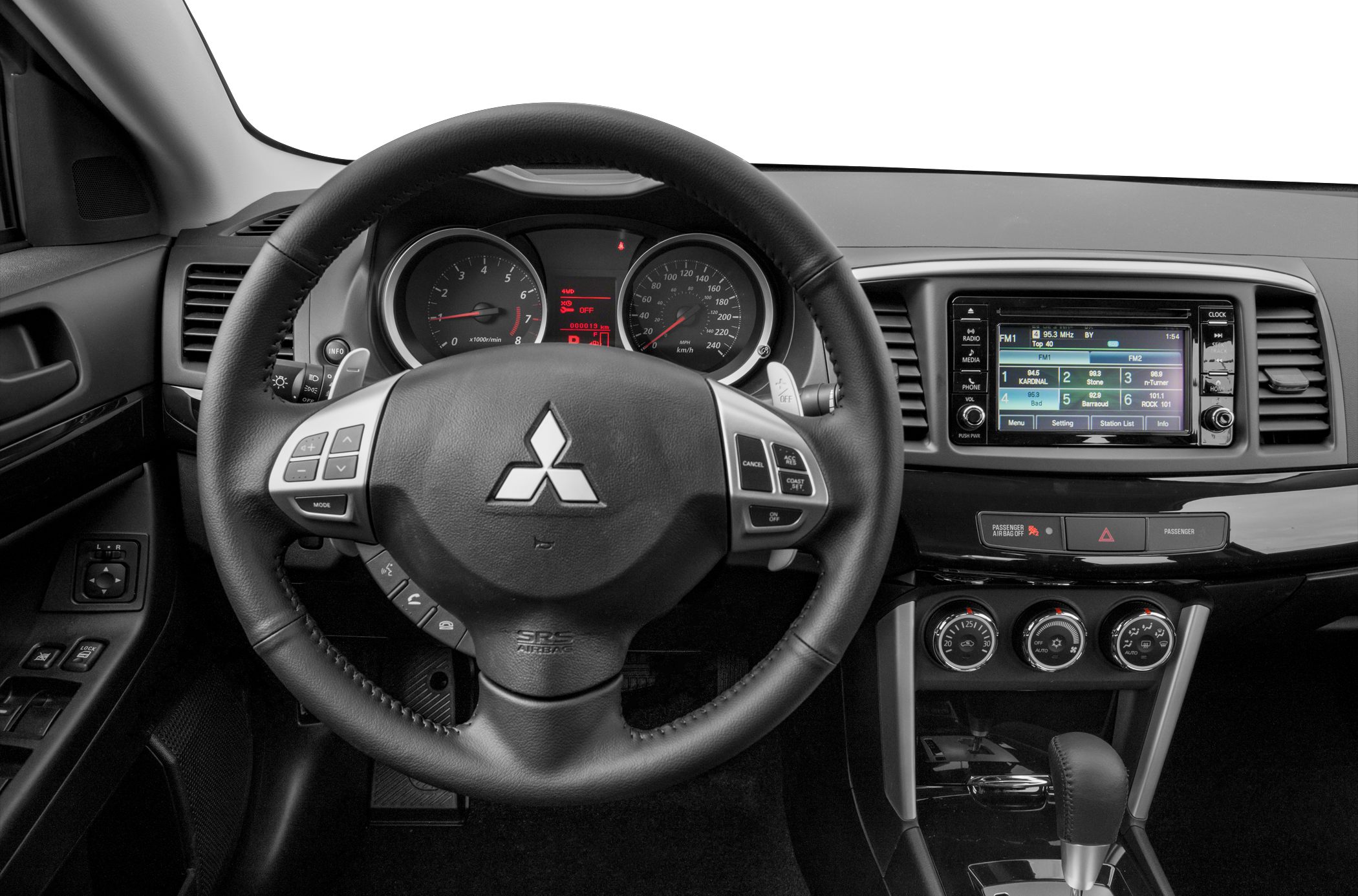 Steering wheel, instrument cluster, multimedia display in car interior